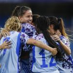 Jugadoras de España celebran un gol en un partido del grupo C de la Copa Mundial Femenina sub-20. EFE/ Ernesto Guzmán