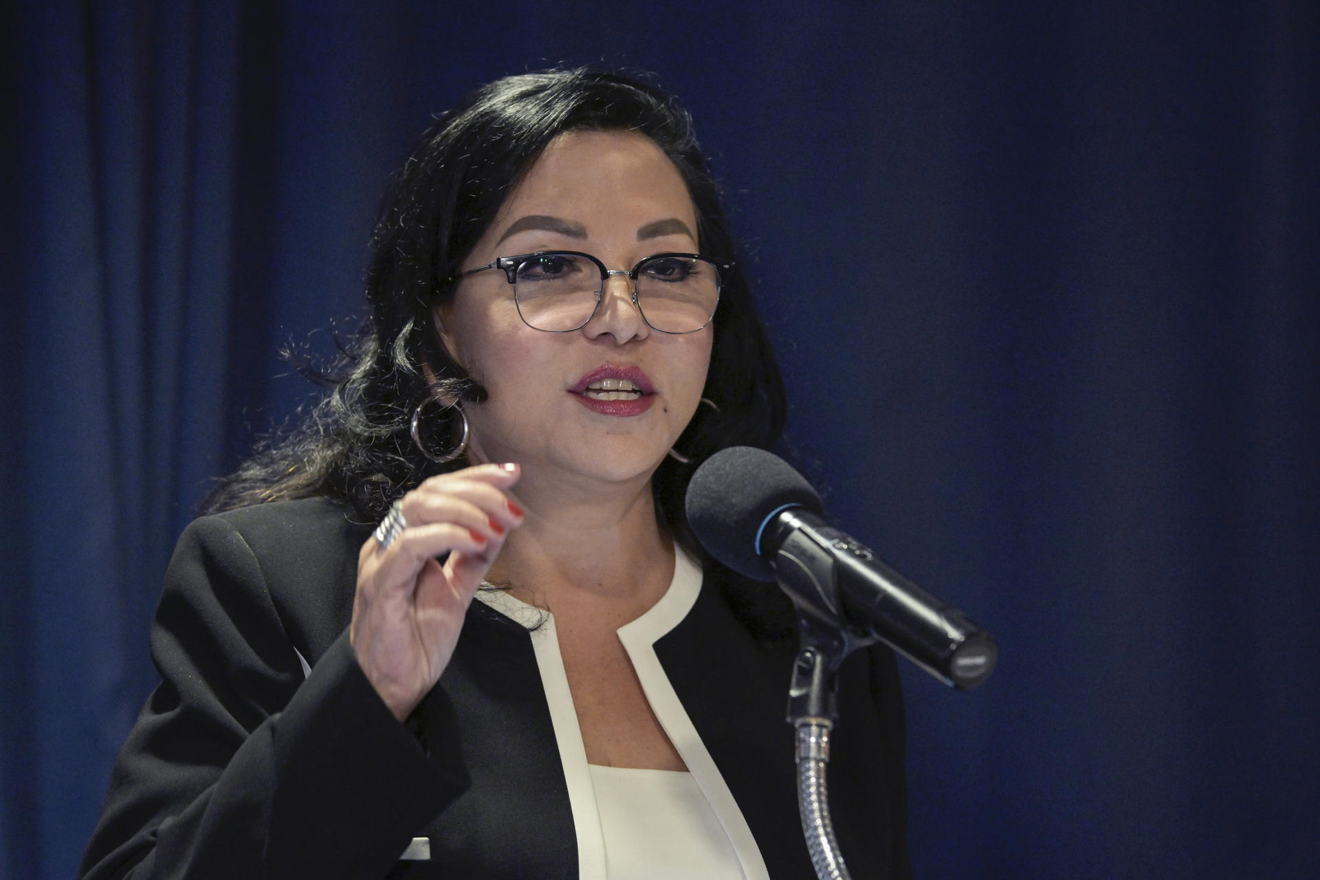 La presidenta de la Coalición Nacional de Medios Hispanos (Nhmc), Brenda Victoria Castillo, habla durante una rueda de prensa este jueves, en el National Press Club en Washington (EE.UU.). V EFE/Lenin Nolly
