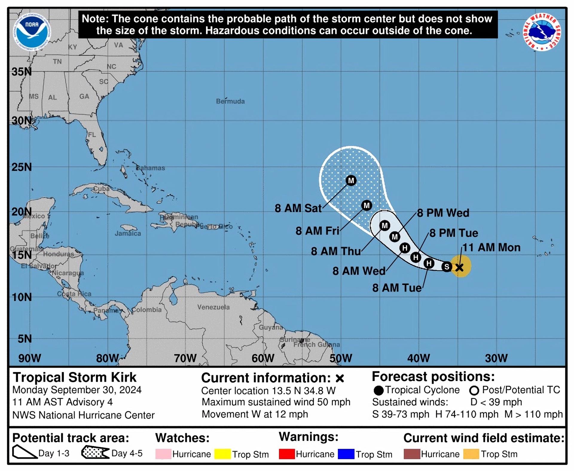 Fotografía satelital cedida por la Oficina Nacional de Administración Oceánica y Atmosférica (NOAA) a través del Centro Nacional de Huracanes (NHC) estadounidense donde se muestra la localización de la tormenta tropical Kirk (abajo) en el Atlántico. EFE/ Noaa-nhc /SOLO USO EDITORIAL/SOLO DISPONIBLE PARA ILUSTRAR LA NOTICIA QUE ACOMPAÑA (CRÉDITO OBLIGATORIO)
