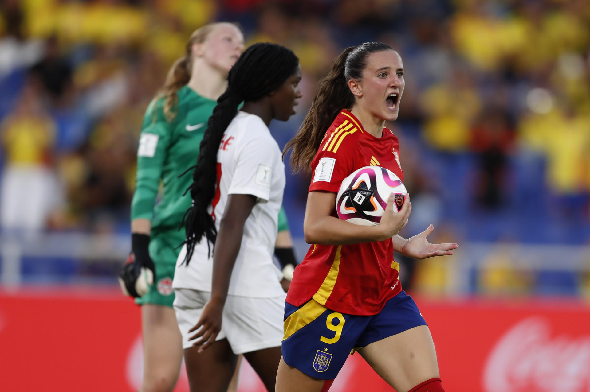 Jone Amezaga de España celebra un gol en un partido de los octavos de final de la Copa Mundial Femenina sub-20. EFE/ Ernesto Guzmán
