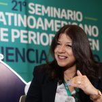 Fotografía de la presidenta de Human Health, MSD América Latina, Sarah Aiosa, habla durante una entrevista con EFE en el marco del 21 Seminario Latinoamericano de Periodismo en Ciencia y Salud, en Ciudad de México (México). EFE/ José Méndez