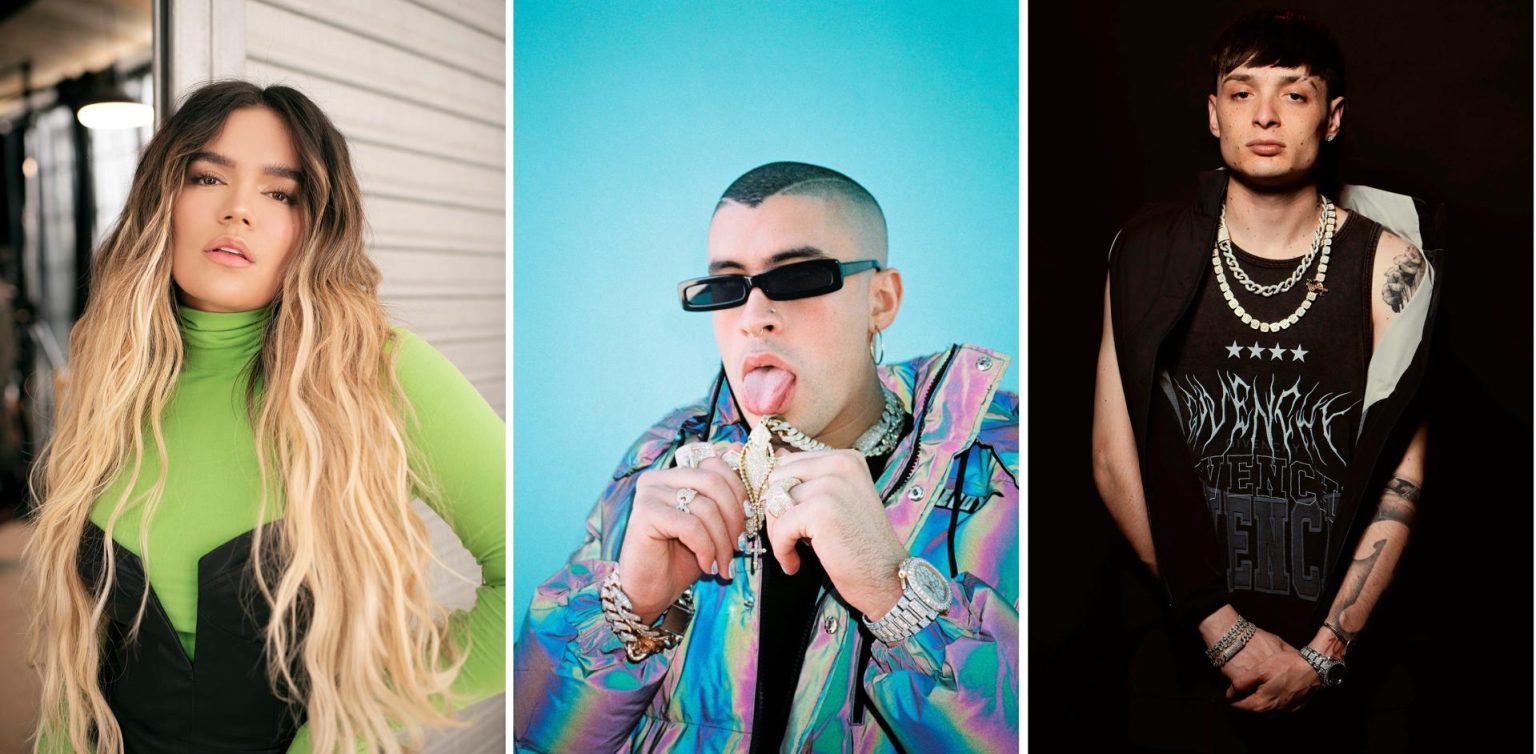 Composición de tres fotografías cedidas por Telemundo donde aparece la cantante colombiana Karol G, el puertorriqueño Bad Bunny (c) y el mexicano Peso Pluma que lideran las nominaciones a los Latin Billboard. EFE/Telemundo /SOLO USO EDITORIAL /NO VENTAS /SOLO DISPONIBLE PARA ILUSTRAR LA NOTICIA QUE ACOMPAÑA /CRÉDITO OBLIGATORIO