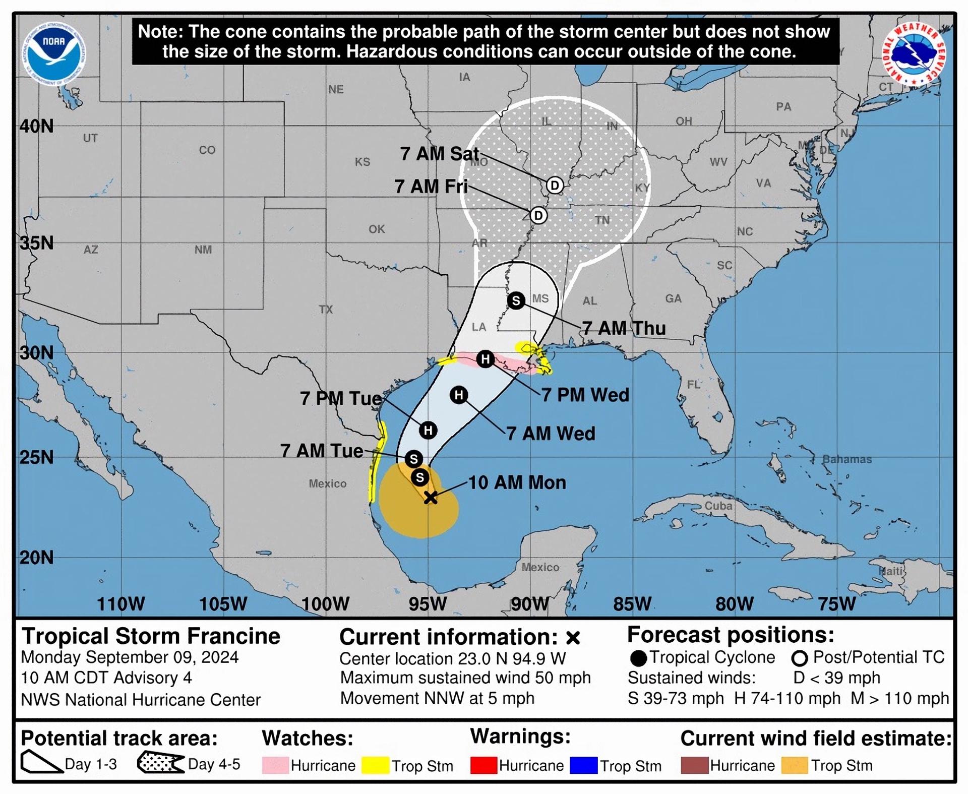 Imagen cedida este lunes por el Centro Nacional de Huracanes (NHC) estadounidense donde se muestra el pronóstico de cinco días e la trayectoria de la tormenta tropical Francine en el Golfo de México. EFE/NHC /SOLO USO EDITORIAL /NO VENTAS /SOLO DISPONIBLE PARA ILUSTRAR LA NOTICIA QUE ACOMPAÑA /CRÉDITO OBLIGATORIO
