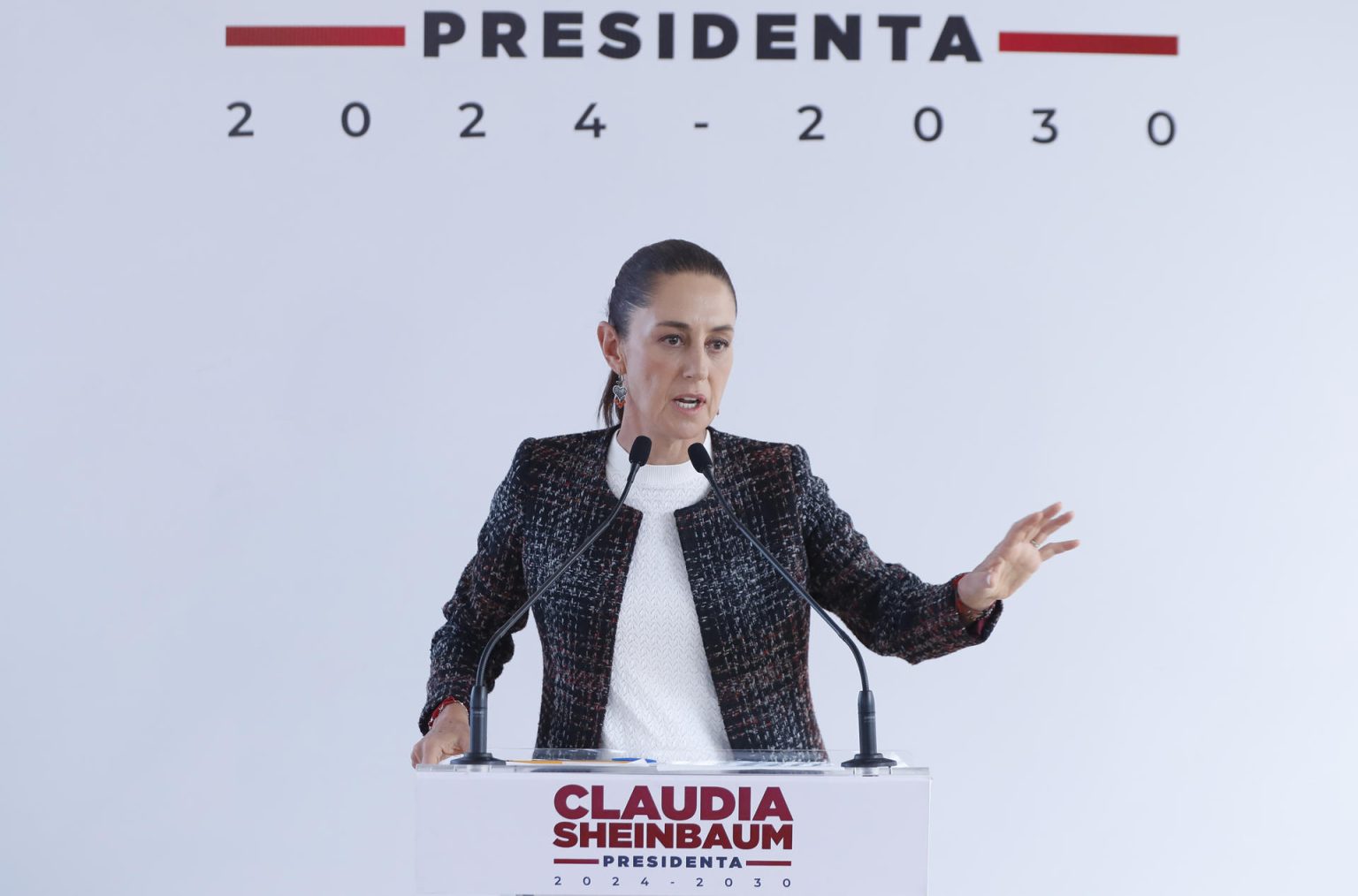 La presidenta electa de México, Claudia Sheinbaum, habla durante una conferencia desde su casa de transición este martes, en la Ciudad de México (México). EFE/ Mario Guzmán