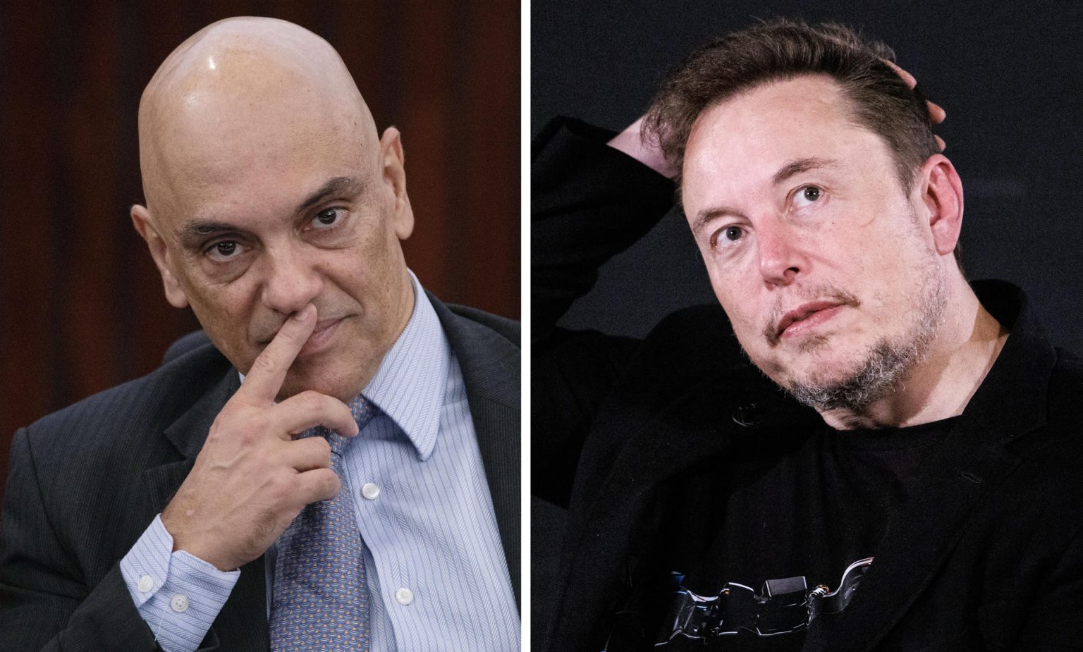 Combo de fotografías donde se observa al juez del Tribunal Supremo de Brasil Alexandre de Moraes (i) y al empresario tecnológico estadounidense Elon Musk. EFE/ Joédson Alves / Tolga Akmen / Pool