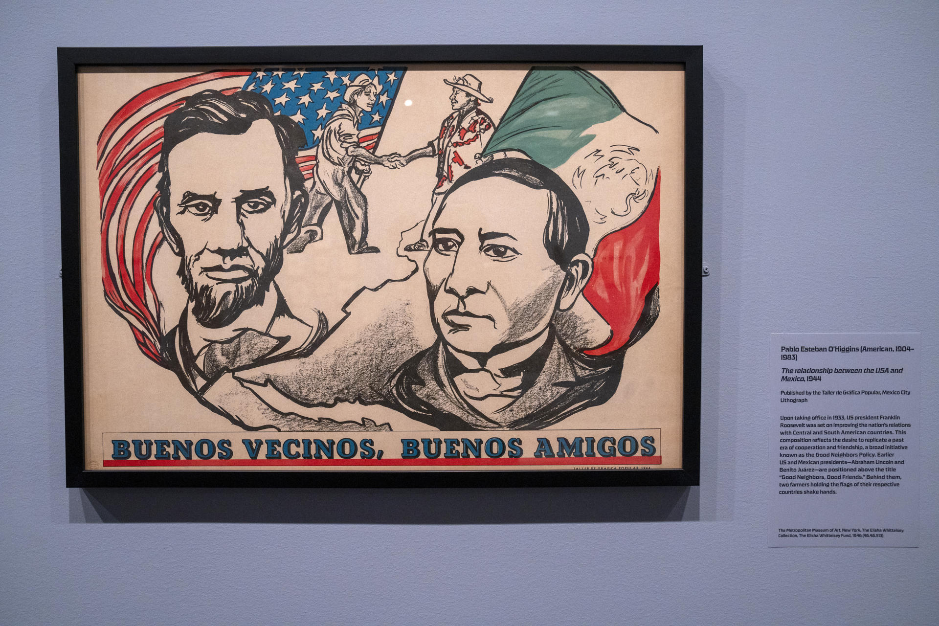 Fotografía donde se observa la litografía de Pablo Esteban O'Higgins titulada 'La relación entre Estados Unidos y México' (1944), durante la exposición 'Grabados mexicanos a la vanguardia' este lunes en el Museo Metropolitano (Met) de Nueva York. EFE/ Ángel Colmenares
