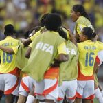 Jugadoras de Colombia celebran un gol de Mary Álvarez en un partido del grupo A de la Copa Mundial Femenina sub-20 . EFE/ Luis Eduardo Noriega Arboleda