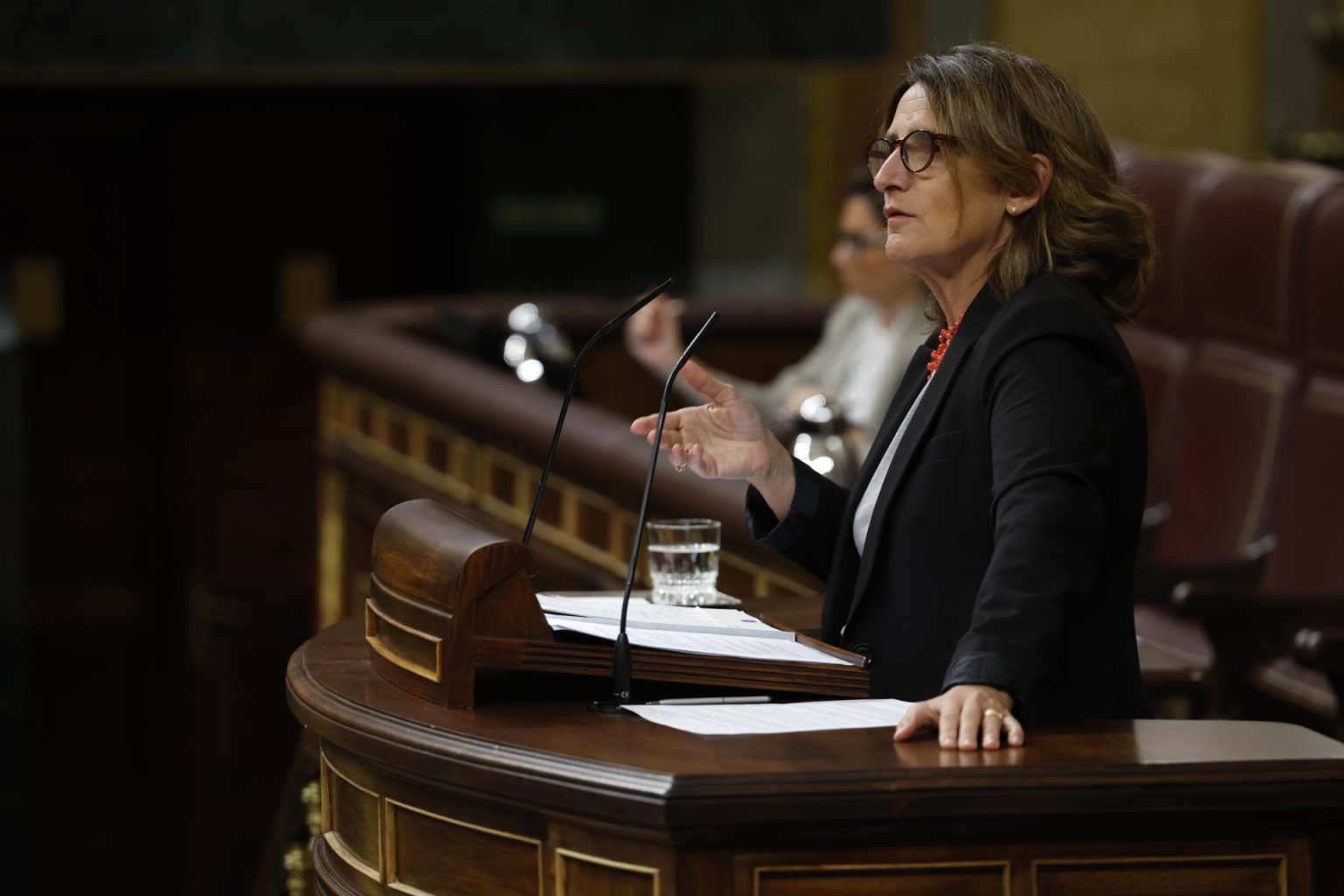 La vicepresidenta tercera y ministra para la Transición Ecológica y el Reto Demográfico Teresa Ribera, durante la sesión de control al Gobierno celebrada en el Congreso. Imagen de archivo. EFE/Javier Lizón