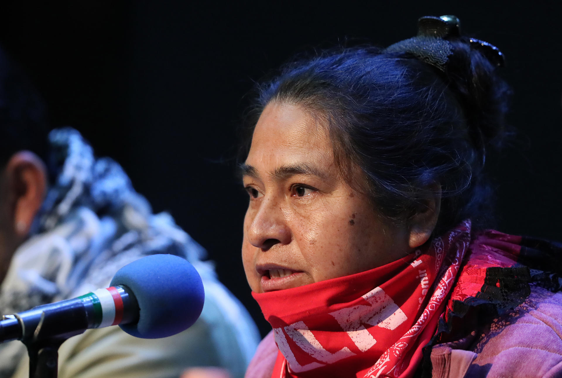 La delegada de la comunidad otomí, Isabel Valencia Hernández, hable en una rueda de prensa sobre las jornadas de movilizaciones en solidaridad con las comunidades zapatistas este lunes, en la Ciudad de México (México). EFE/Mario Guzmán
