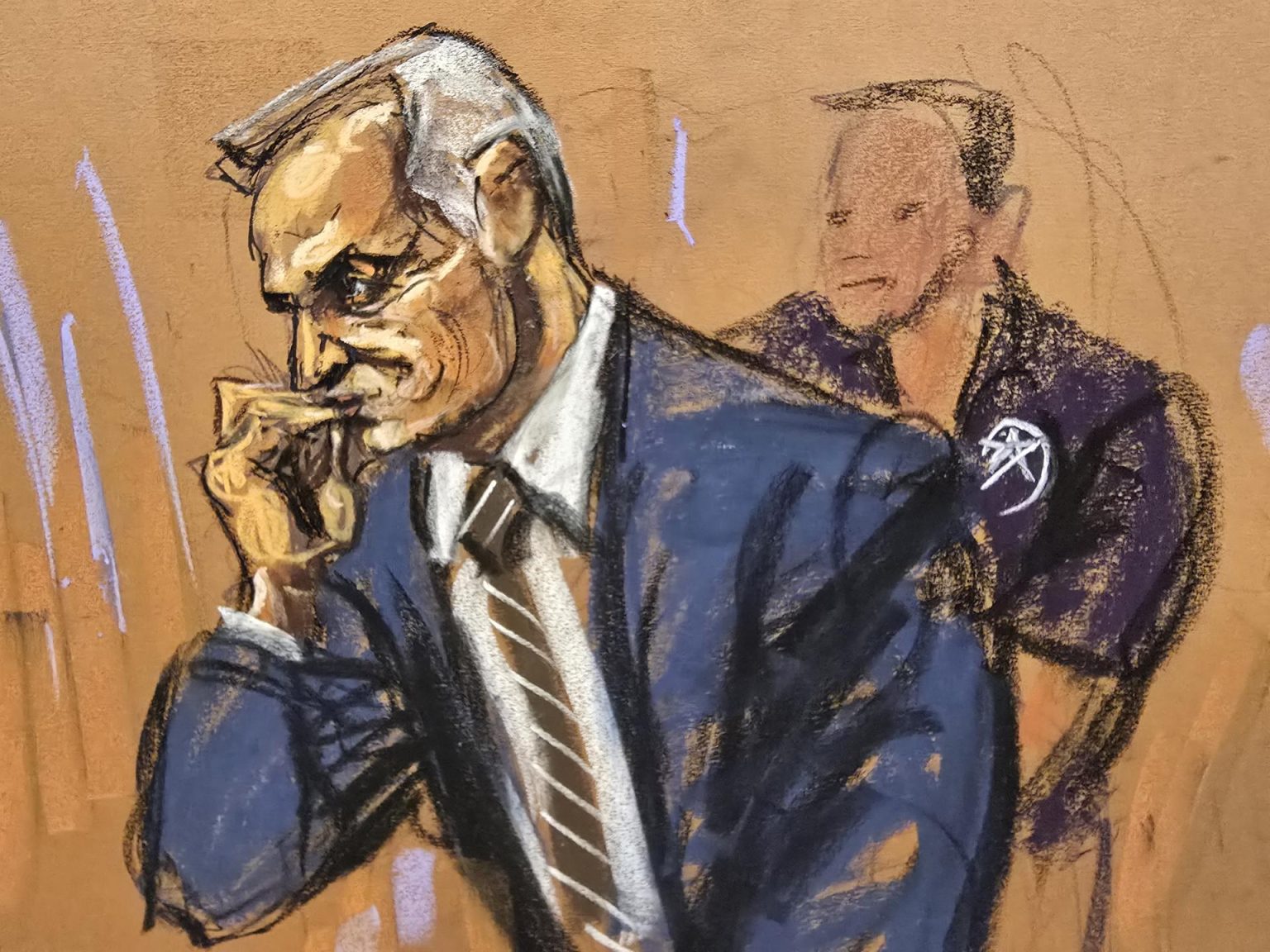 Reproducción fotográfica de un dibujo realizado por la artista Jane Rosenberg donde aparece el exsecretario de Seguridad Pública mexicano, Genaro García Luna (i), durante el juicio realizado en el Tribunal Federal de Brooklyn en Nueva York (EE. UU). Imagen de archivo. EFE/Jane Rosenberg