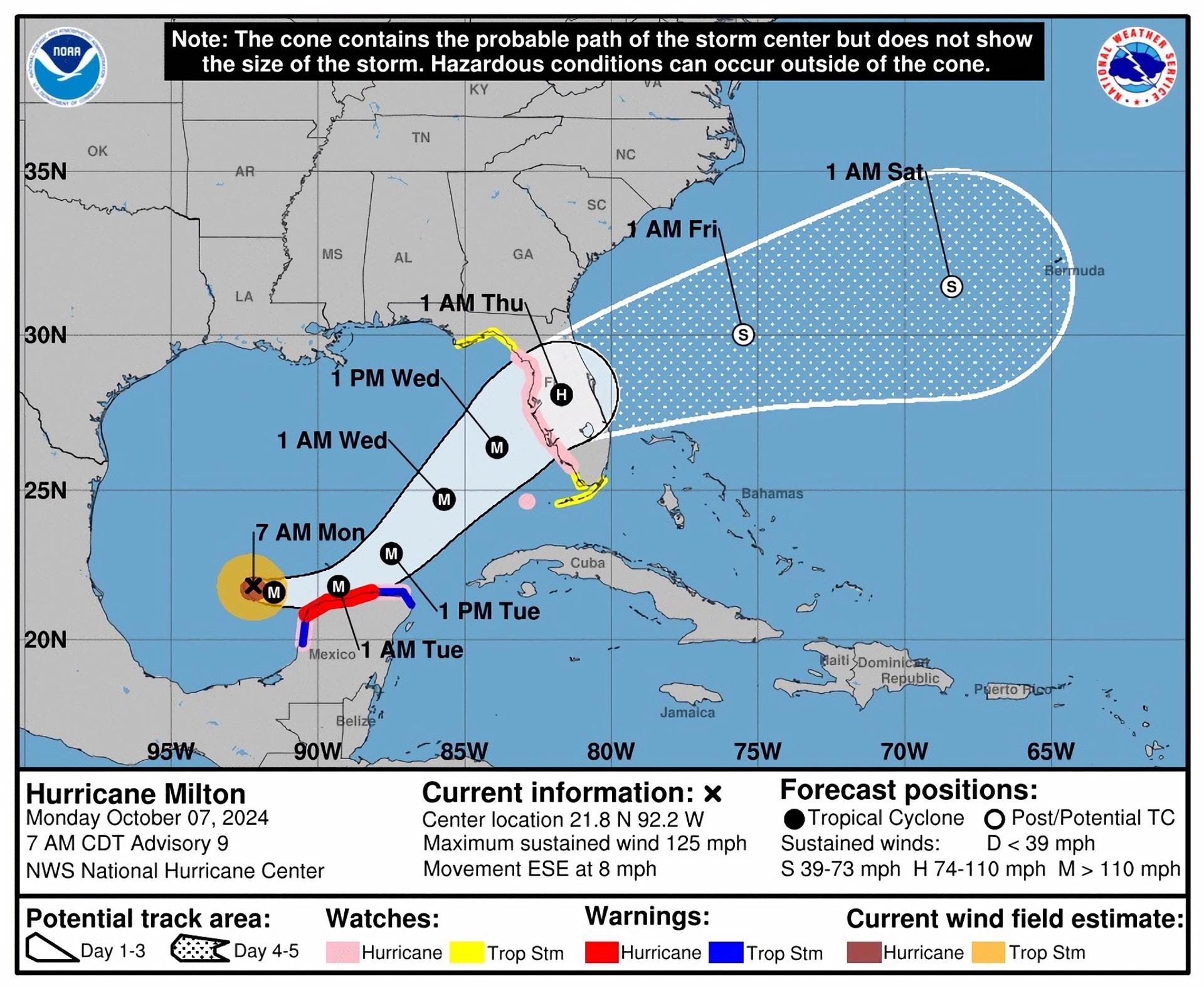 Imagen cedida por el Centro Nacional de Huracanes (NHC) estadounidense este lunes donde se muestra el pronóstico de cinco días del paso del huracán Milton en el Golfo de México hacia Florida. EFE/NHC /SOLO USO EDITORIAL /NO VENTAS /SOLO DISPONIBLE PARA ILUSTRAR LA NOTICIA QUE ACOMPAÑA /CRÉDITO OBLIGATORIO
