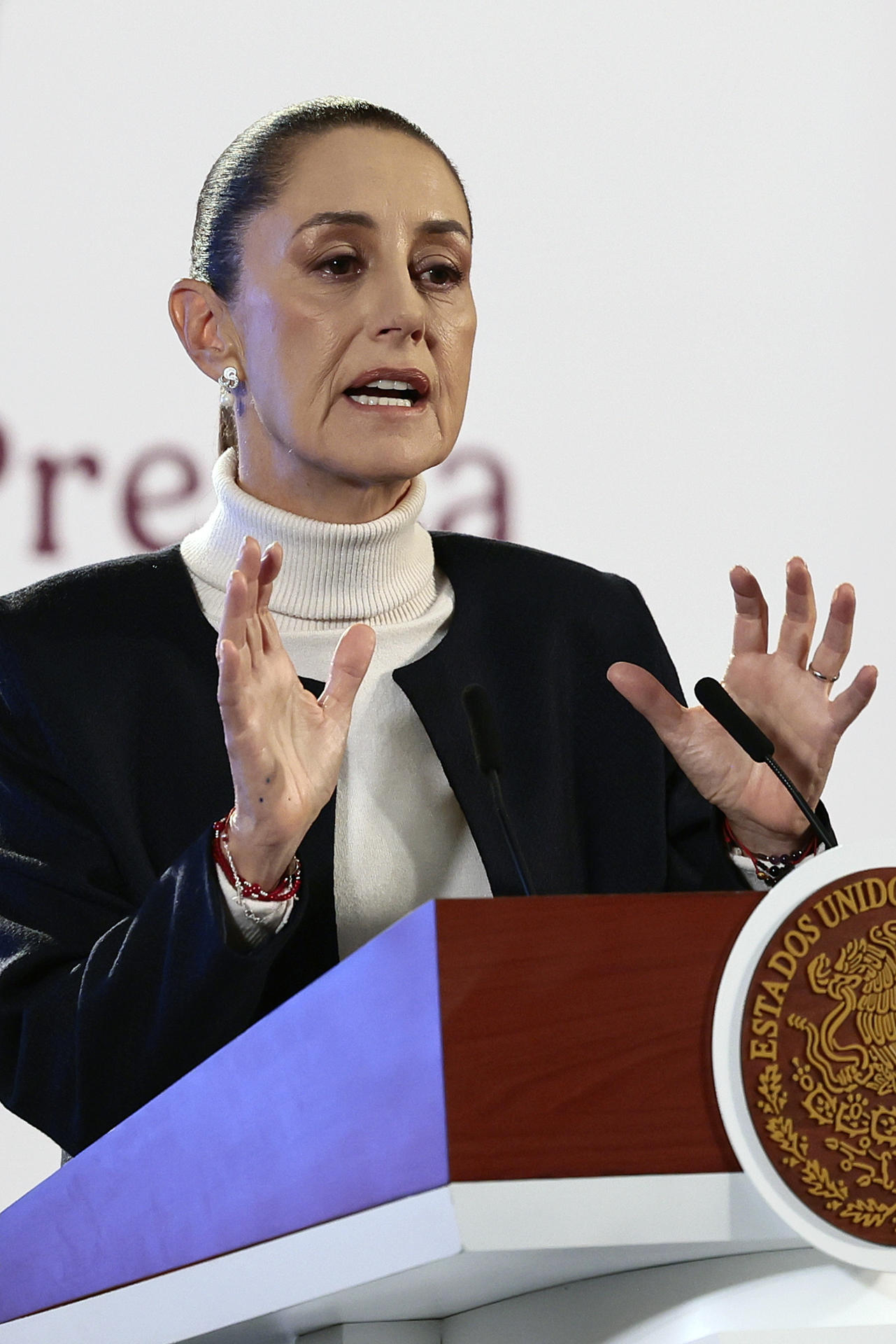 La presidenta de México, Claudia Sheinbaum, habla este martes durante su conferencia de prensa matutina en Palacio Nacional de la Ciudad de México (México). EFE/José Méndez
