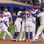 Los jugadores de los Mets reaccionan después de ganar el cuarto juego de los playoffs de la Serie Divisional de la Liga Americana de las Grandes Ligas de Béisbol (MLB) frente a los Filis de Filadelfia. EFE/EPA/SARAH YENESEL