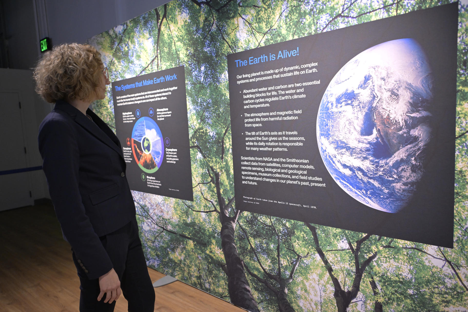 Una persona visita la exposición Centro de Información sobre la Tierra este lunes, en el Museo Nacional de Historia Natural en Washington (Estados Unidos). EFE/ Lenin Nolly
