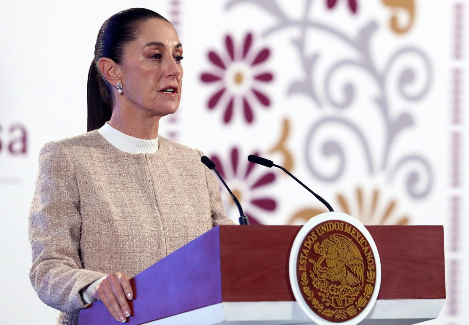 La presidenta de México, Claudia Sheinbaum, habla durante su conferencia de prensa matutina este lunes, en Palacio Nacional de la Ciudad de México (México). EFE/ Mario Guzmán