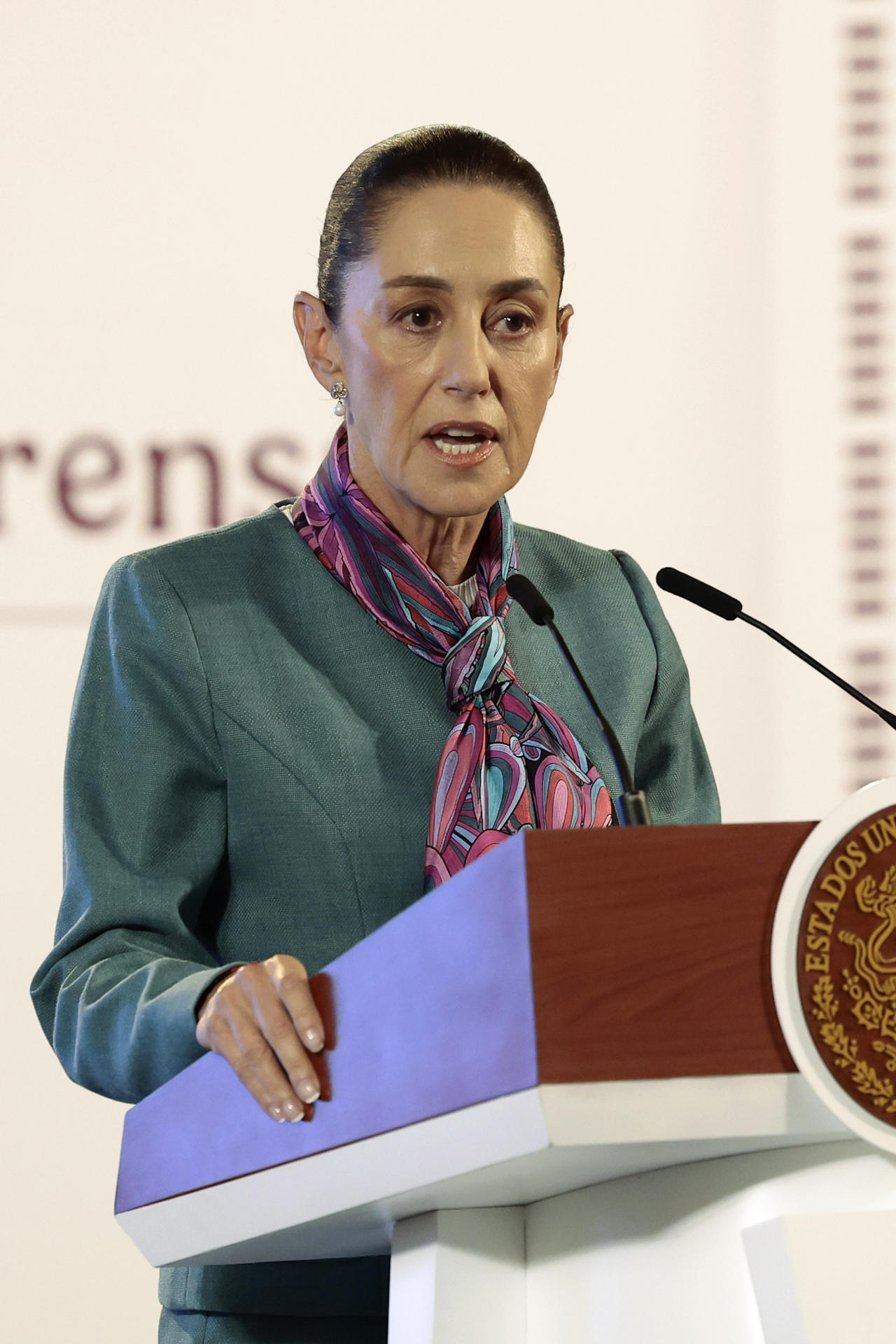 La presidenta de México, Claudia Sheinbaum, participa este martes en una rueda de prensa matutina en Palacio Nacional de la Ciudad de México (México). EFE/ José Méndez