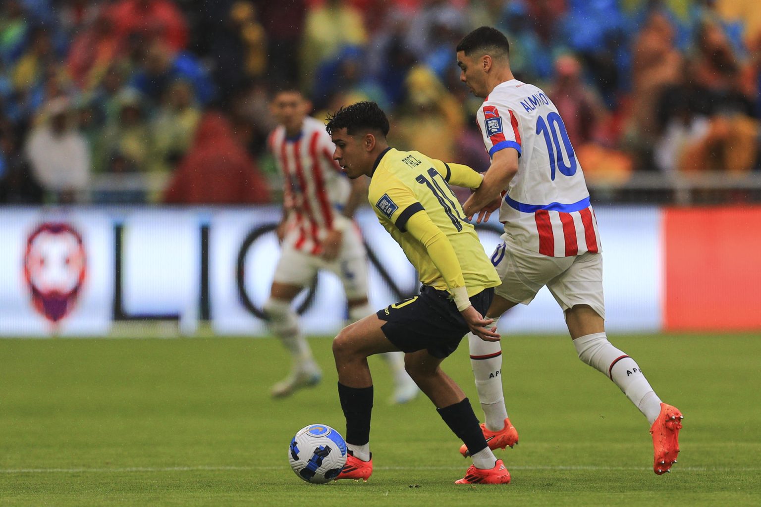 Kendry Páez (i) de Ecuador disputa un balón con Miguel Almirón de Paraguay en un partido de las eliminatorias sudamericanas para el Mundial de 2026. EFE/ José Jácome