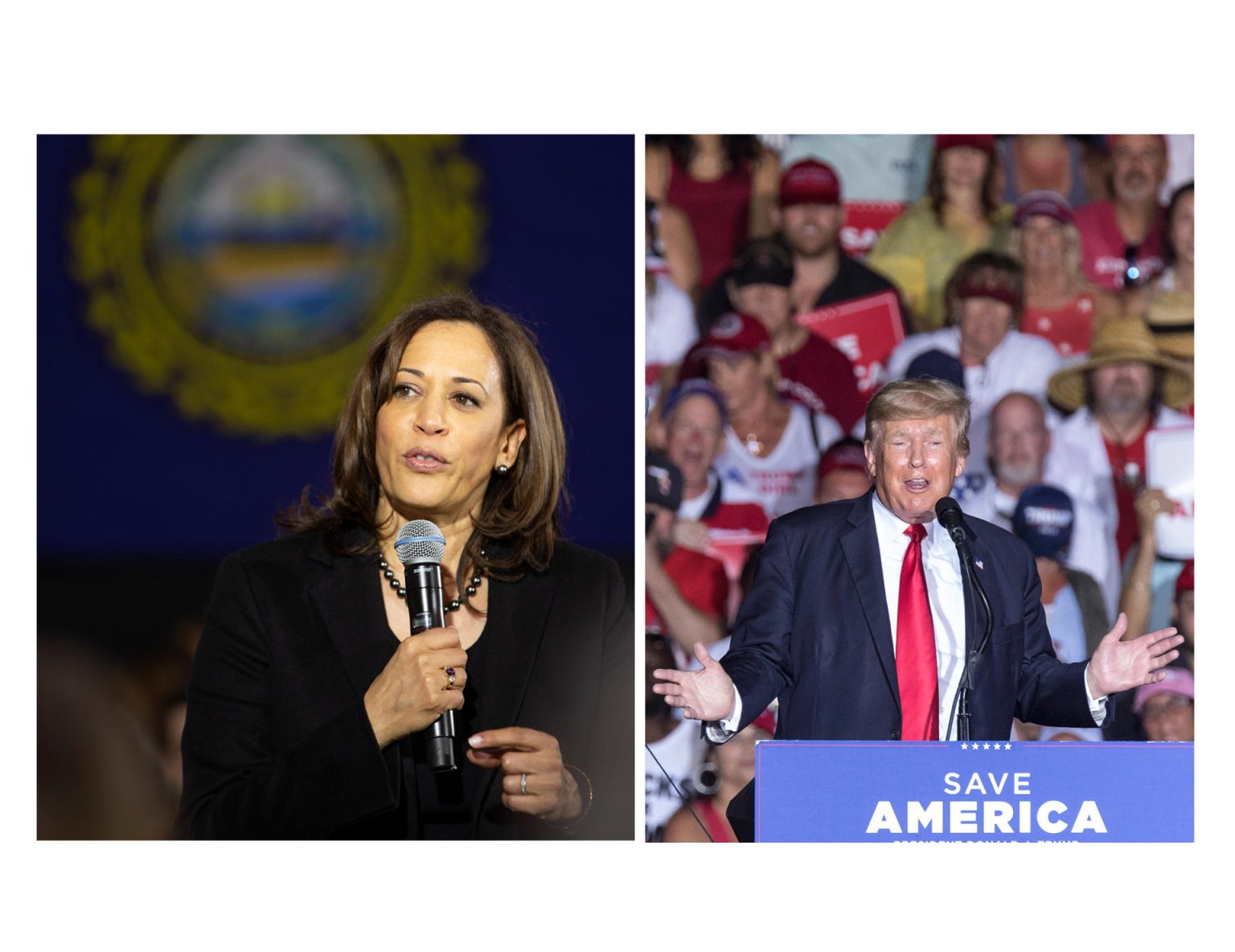 Combo de fotografías de archivo que muestra a la vicepresidenta de EE.UU. Kamala Harris (i) y al expresidente Donald Trump. EFE/ARCHIVO