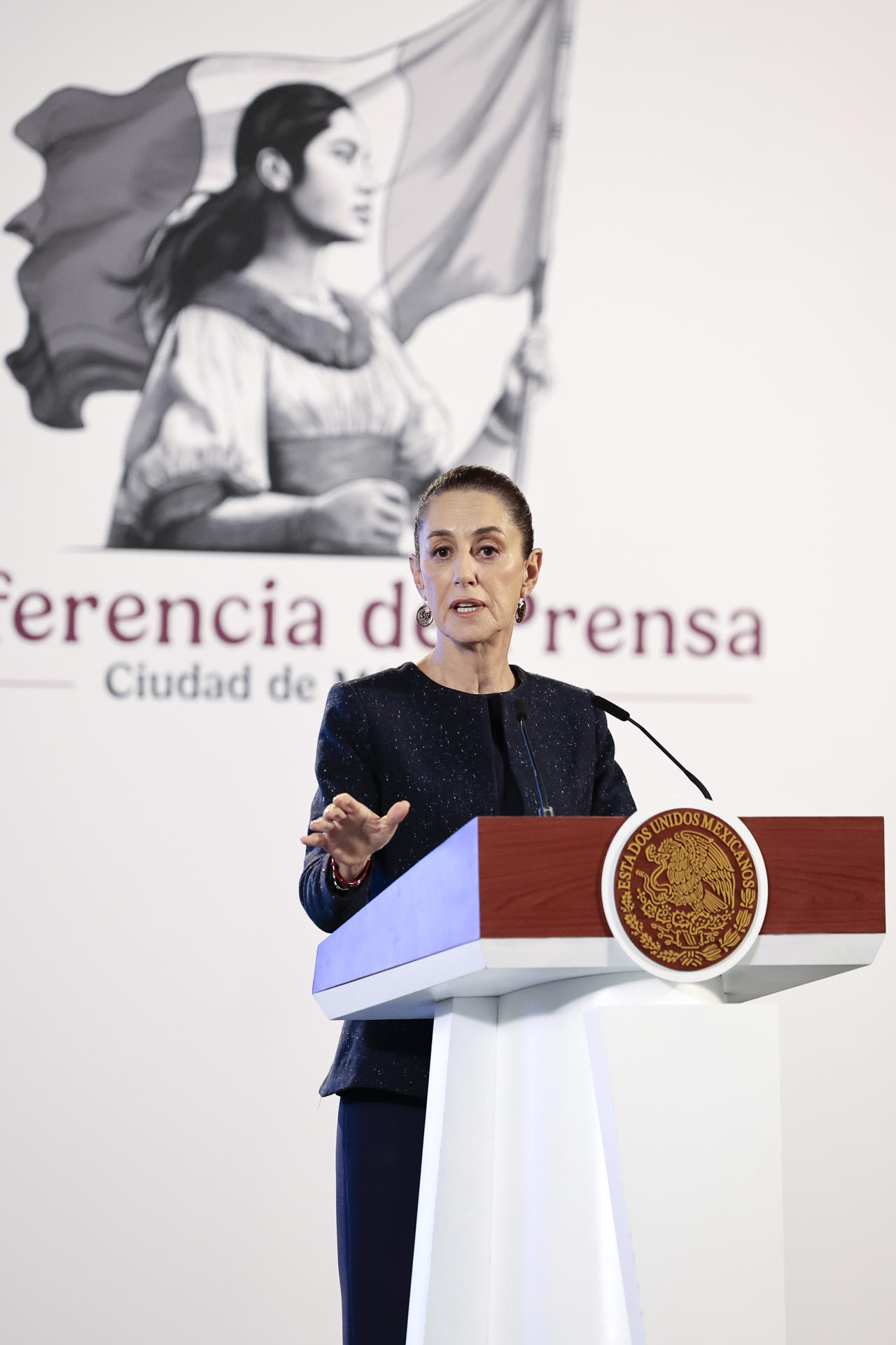 La presidenta de México, Claudia Sheinbaum, participa durante su conferencia de prensa matutina en Palacio Nacional en la Ciudad de México (México). EFE/ José Méndez