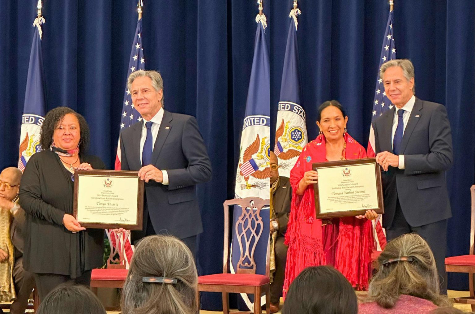 Fotografías divulgadas por Young Leaders of the Americas Initiative - YLAI de Tanya Duarte (i) de México y Tomasa Yarhui Jacomé de Bolivia recibiendo el premio 'Global Anti-Racism Champions por parte del Secretario de Estado de EE. UU. Antony Blinken este lunes, en Washington (EE. UU). EFE/ Ylainetwork SOLO USO EDITORIAL/NO VENTAS/SOLO DISPONIBLE PARA ILUSTRAR LA NOTICIA QUE ACOMPAÑA/CRÉDITO OBLIGATORIO