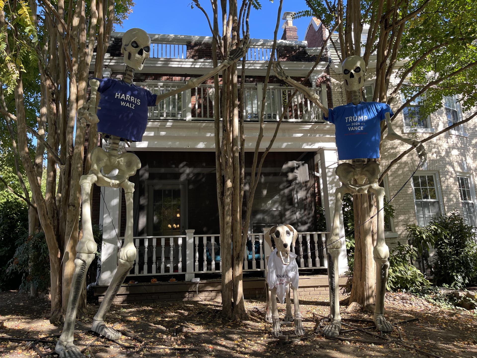 Fotografía del miércoles 30 de octubre donde se muestra una decoración de Halloween con dos esqueletos portando camisetas de la formula electoral Harris-Walz, y de Trump-Vance, en una casa en Washington (Estados Unidos). EFE/ Esteban Capdepon
