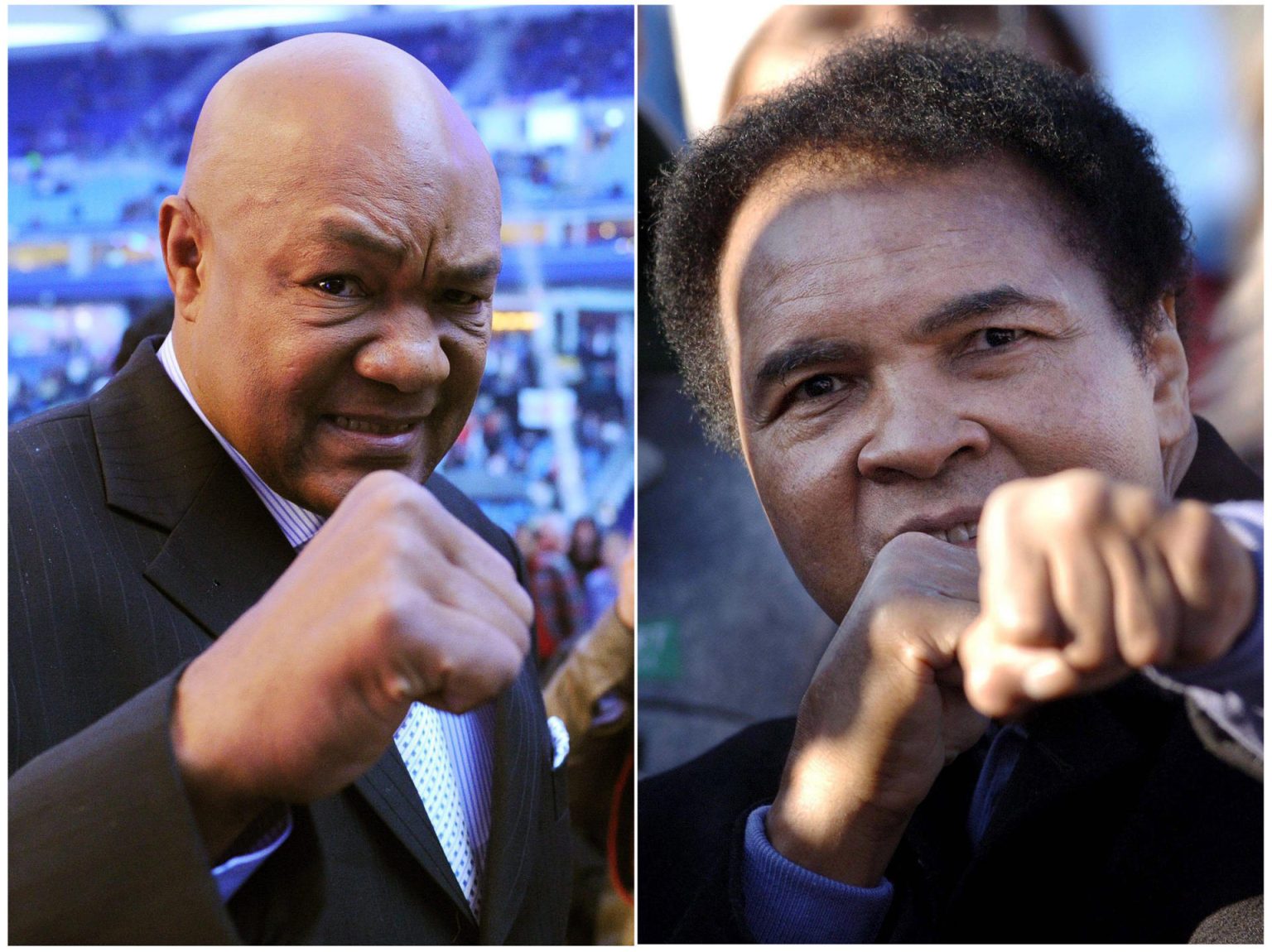 Combo de fotografías de archivo del 2 de julio de 2011 de George Foreman (i) posando en el Imtech-Arena de Hamburgo (Alemania), y Muhamad Ali el 14 de enero de 2006 en Bad Mitterndorf (Austria). EFE/ Christian Charisius / Barbara Gindl