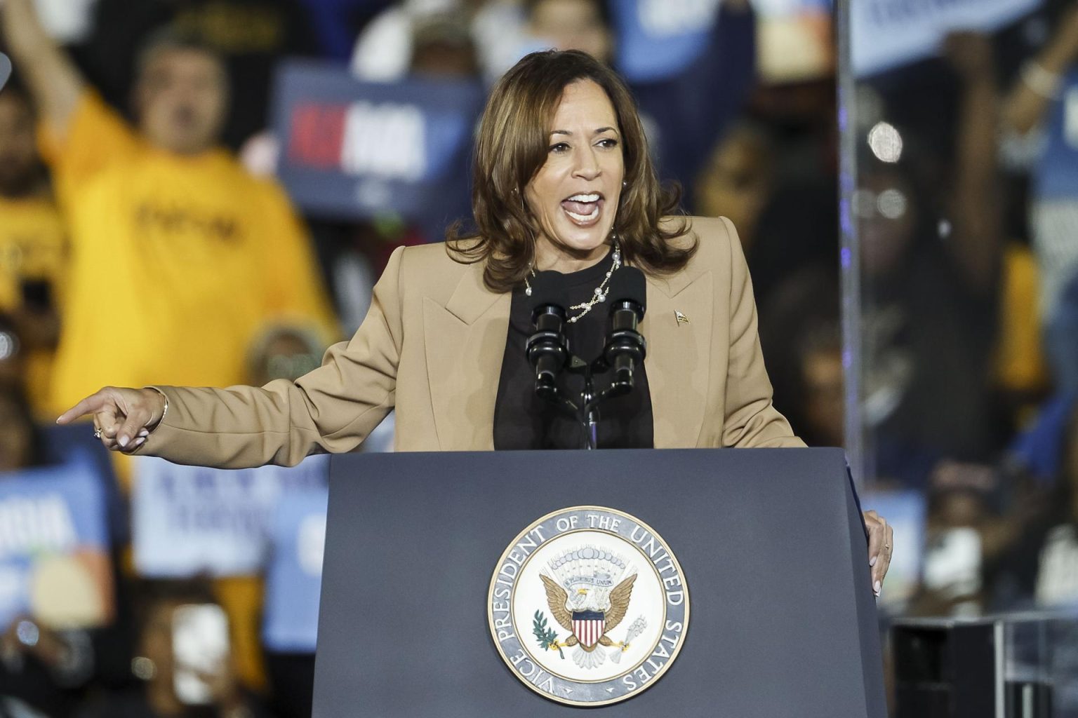 Fotografía de archivo del 24 de octubre de 2024 de la vicepresidenta estadounidense y candidata presidencial, Kamala Harris, mientras habla durante un mitin de campaña en el estadio James R. Hallford en Clarkston, Georgia (EE. UU). EFE/Erik S. Lesser