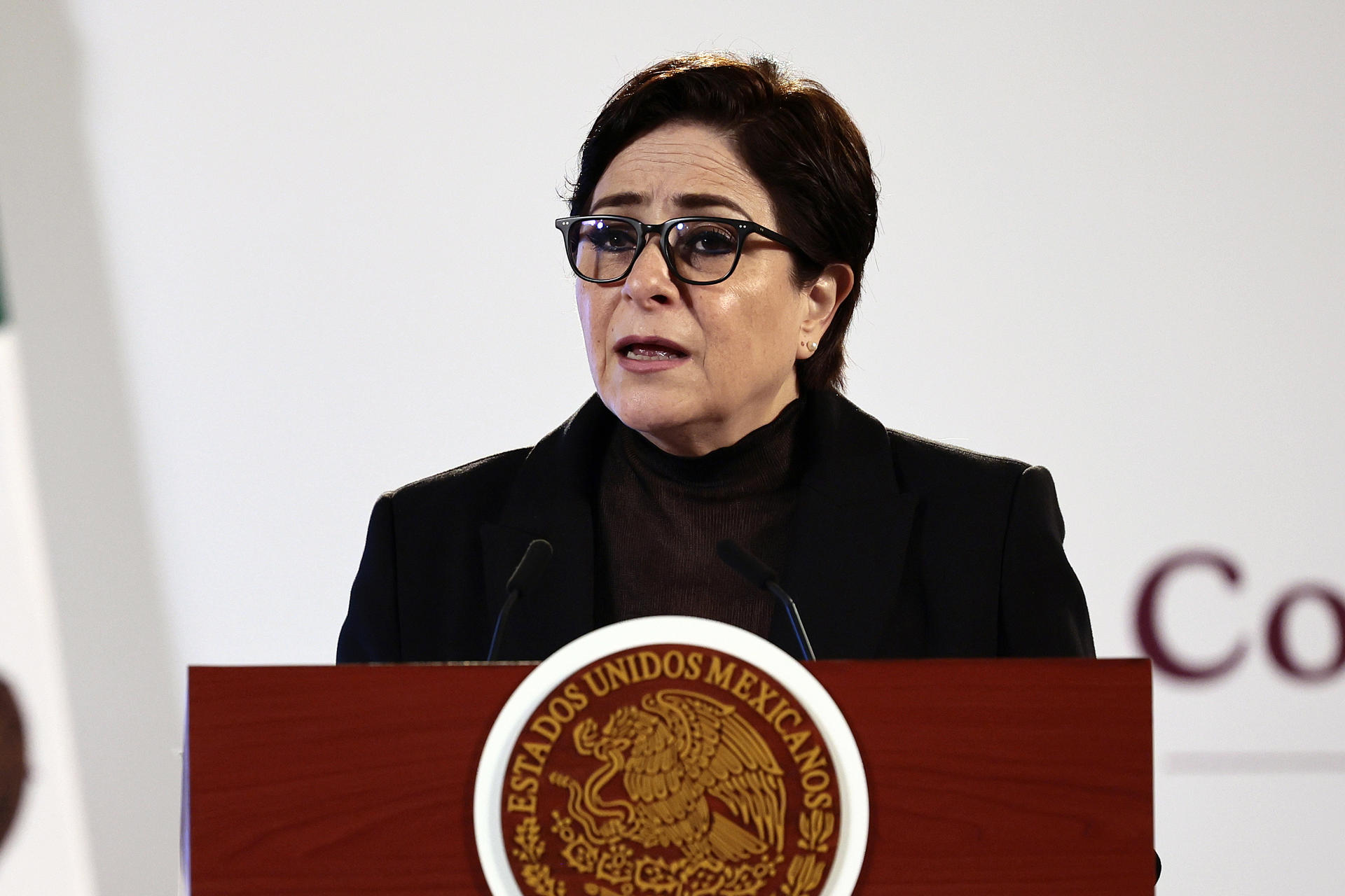 La coordinadora nacional de Protección Civil, Laura Velázquez, habla este martes durante su conferencia de prensa matutina en Palacio Nacional de la Ciudad de México (México). EFE/José Méndez
