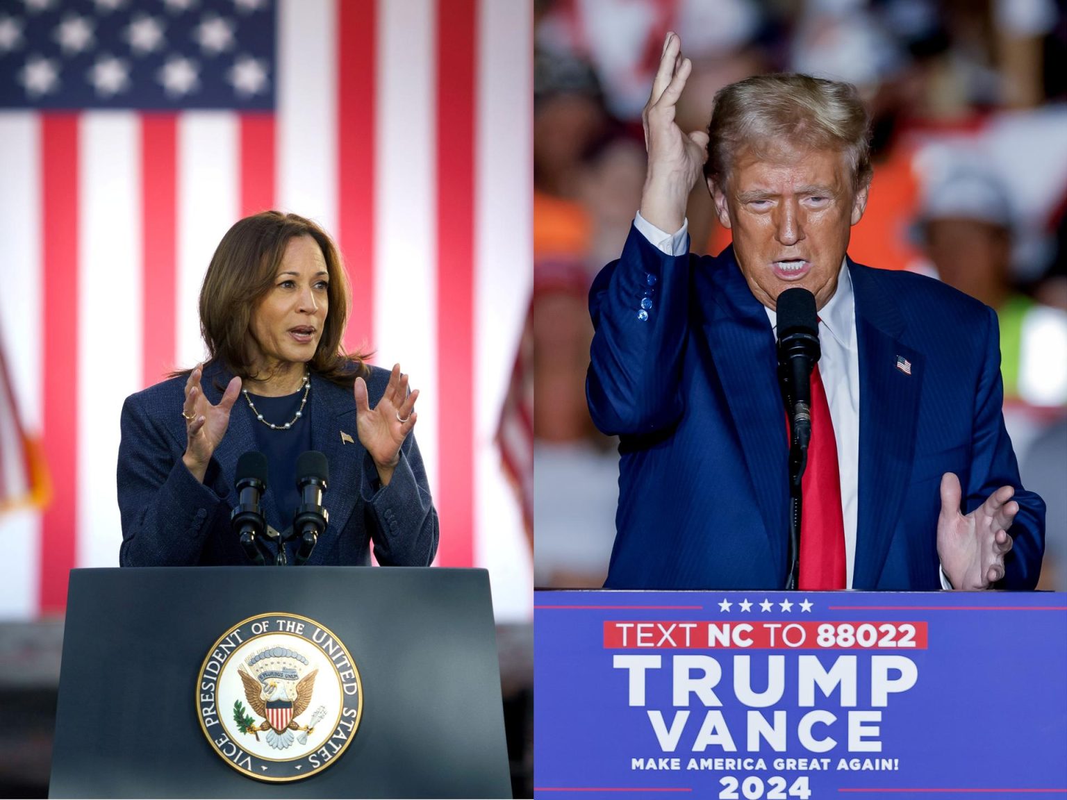 Composición de dos fotografías de archivo donde aparecen los dos candidatos presidenciales estadounidenses, la demócrata Kamala Harris y el republicano Donald Trump. EFE/W. Oliver/E.S. Lesser