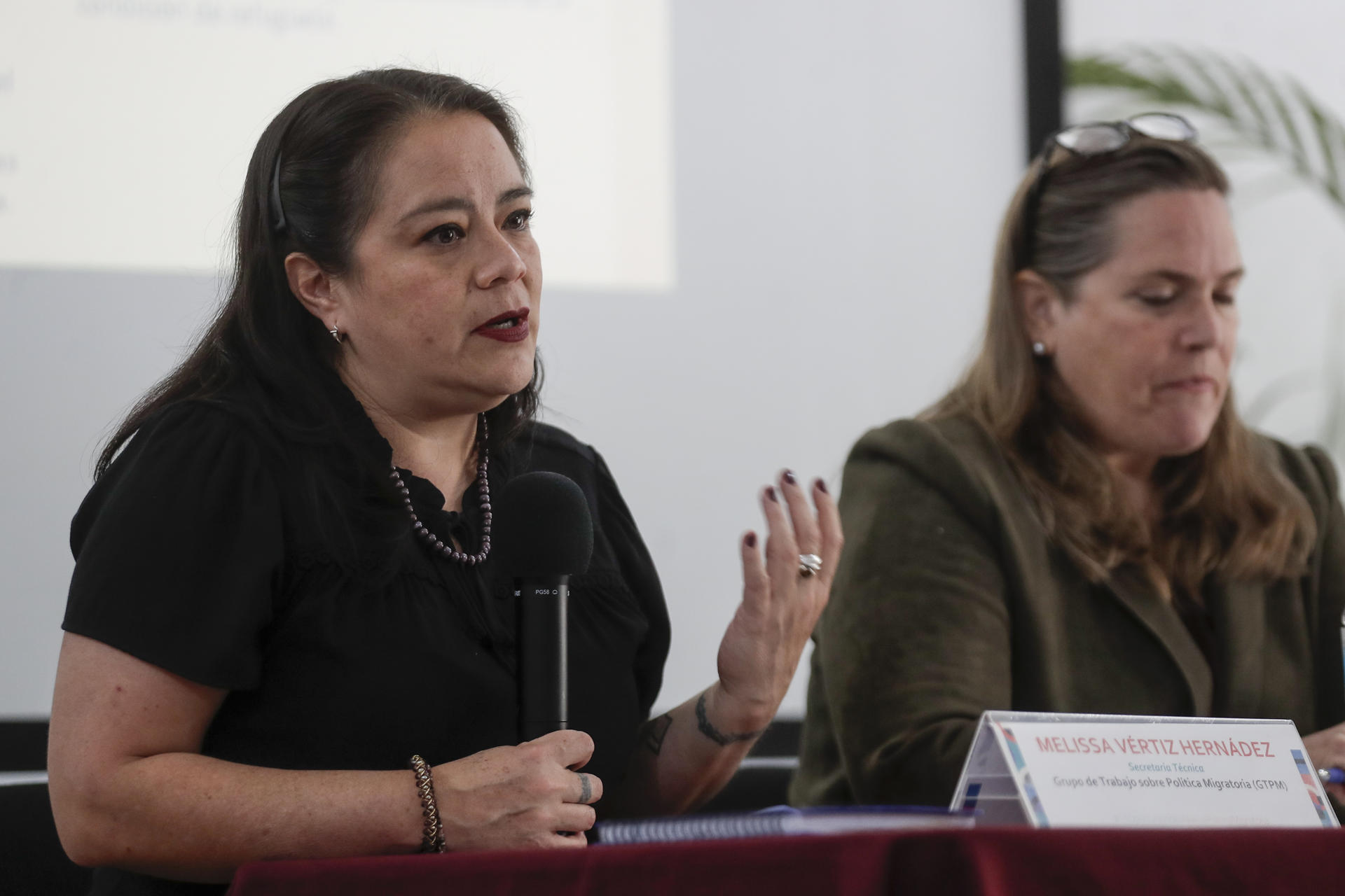 La secretaria técnica del Grupo de Trabajo sobre Política Migratoria, Melissa Vértiz (i), habla durante una rueda de prensa este miércoles, en Ciudad de México (México). EFE/ Isaac Esquivel
