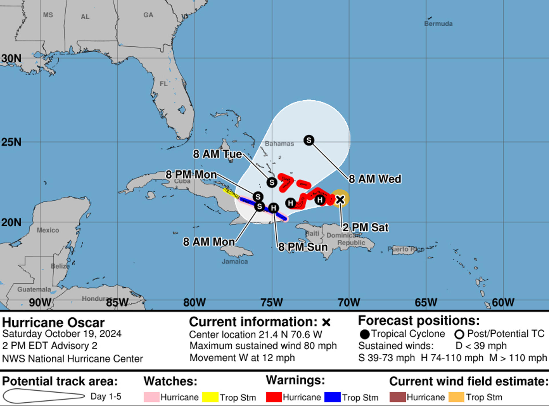 Fotografía cedida este sábado por la Oficina Nacional de Administración Oceánica y Atmosférica (NOAA) a través del Centro Nacional de Huracanes (NHC) estadounidense donde se muestra la localización de la tormenta tropical Oscar en el Atlántico. EFE/ Noaa /nhc SOLO USO EDITORIAL/SOLO DISPONIBLE PARA ILUSTRAR LA NOTICIA QUE ACOMPAÑA (CRÉDITO OBLIGATORIO)
