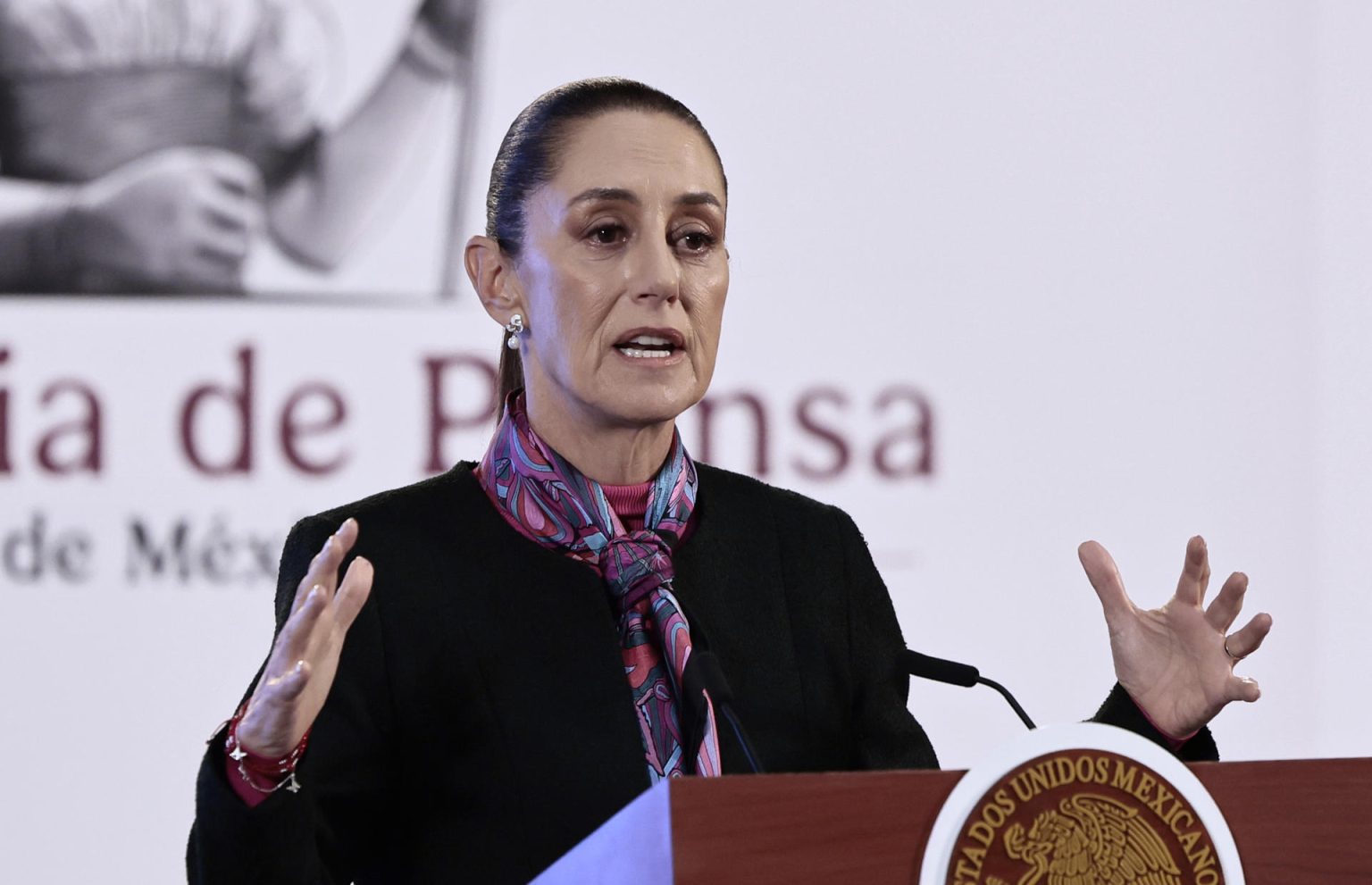 La presidenta de México, Claudia Sheinbaum, habla durante una conferencia de prensa este viernes, en el Palacio Nacional de la Ciudad de México (México). EFE/José Méndez