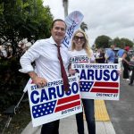 El representante estatal Mike Caruso sostiene unas pancartas de su campaña este martes en Palm Beach, Florida (Estados Unidos). EFE/ Alicia Civita