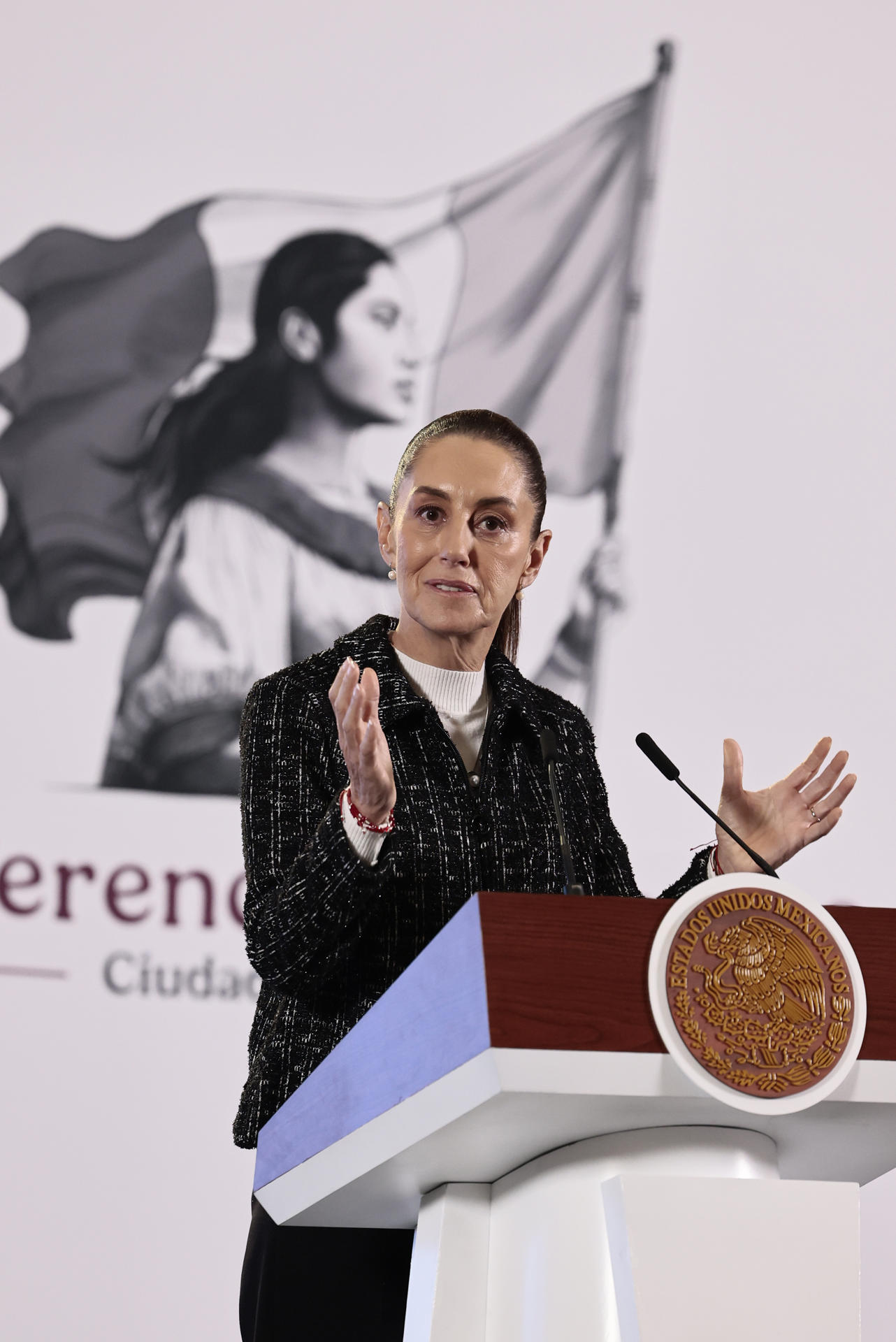 La presidenta de México, Claudia Sheinbaum, habla durante una rueda de prensa este viernes en el Palacio Nacional de la Ciudad de México (México). EFE/José Méndez
