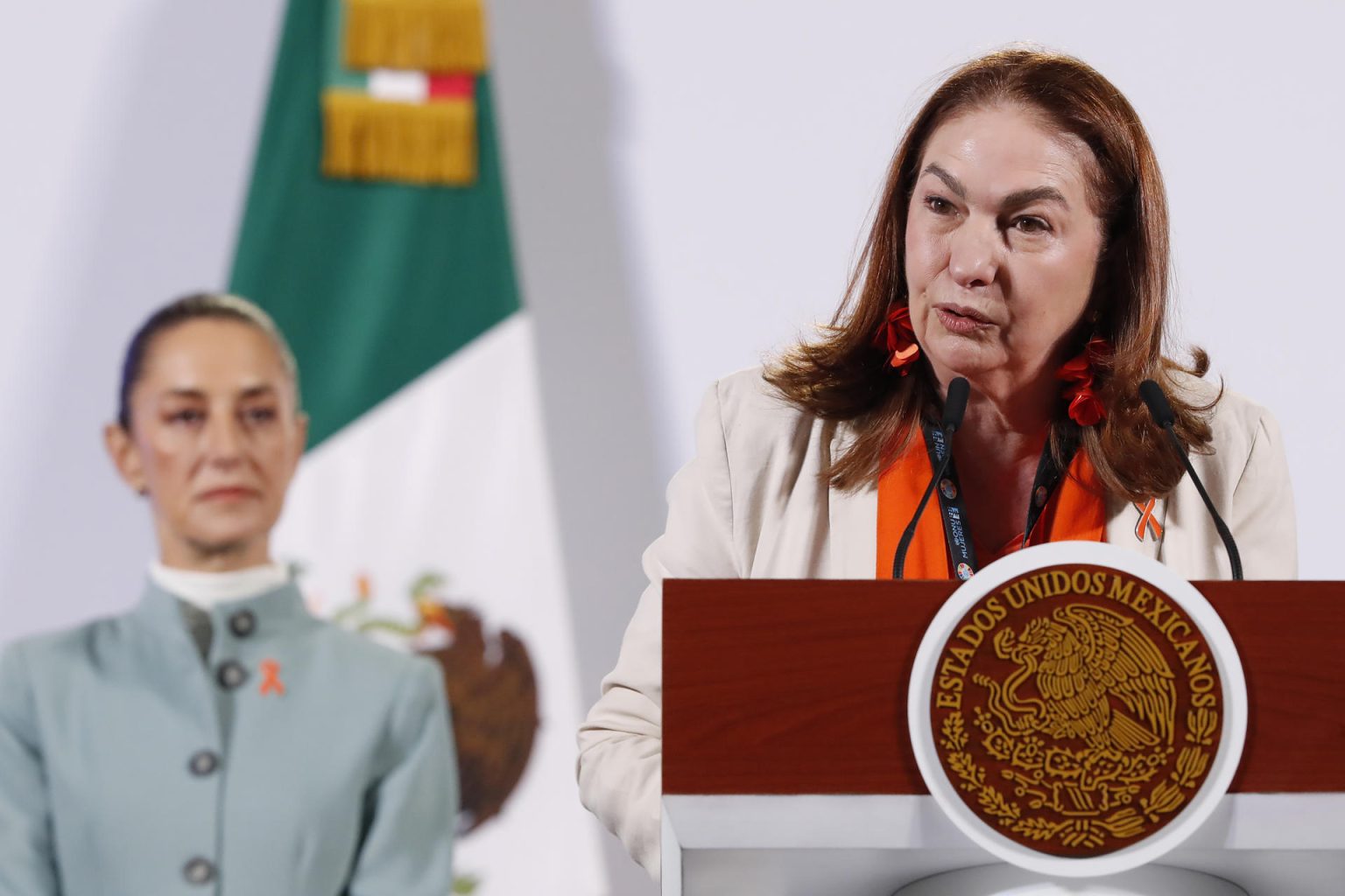 La representante de ONU Mujeres en México, Moni Pizani, habla durante una rueda de prensa este lunes, en Palacio Nacional en Ciudad de México (México). EFE/ Mario Guzmán