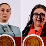 Combo de fotografías de la presidenta de México, Claudia Sheinbaum (i), y la titular de la Secretaría de las Mujeres, Citlalli Hernández, durante una rueda de prensa este lunes en Palacio Nacional, Ciudad de México (México). EFE/ Mario Guzmán