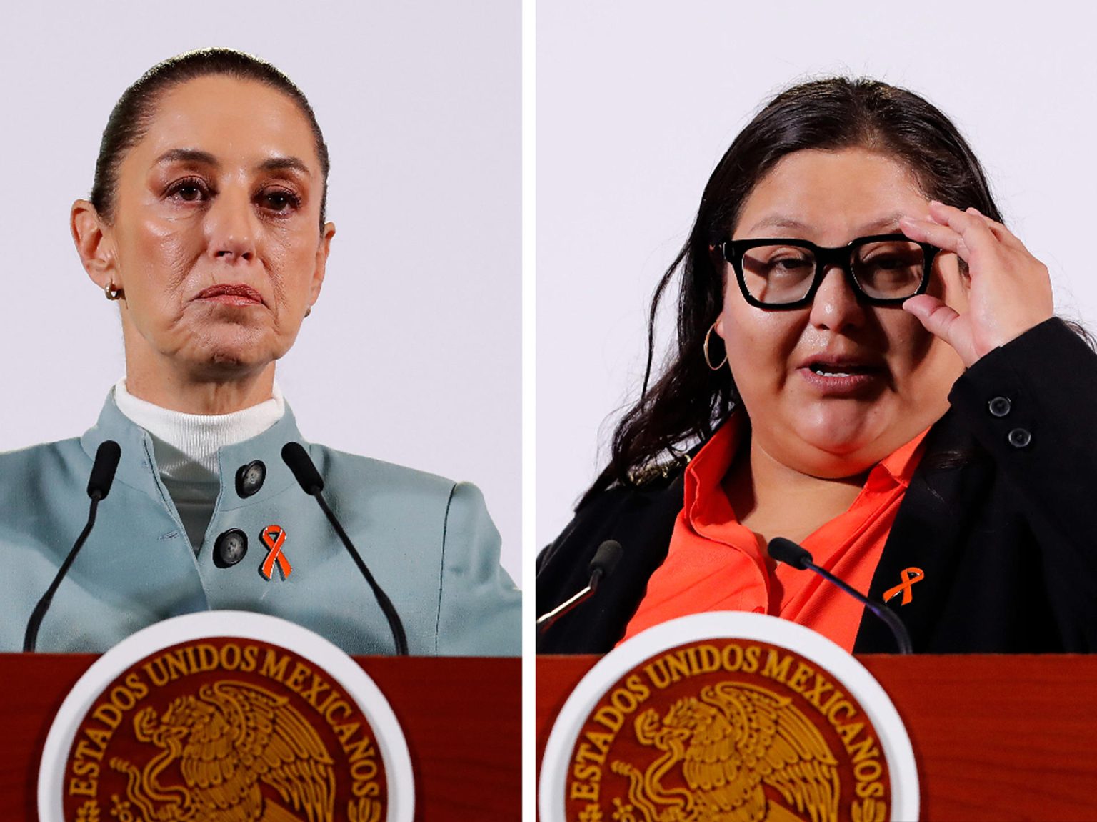 Combo de fotografías de la presidenta de México, Claudia Sheinbaum (i), y la titular de la Secretaría de las Mujeres, Citlalli Hernández, durante una rueda de prensa este lunes en Palacio Nacional, Ciudad de México (México). EFE/ Mario Guzmán