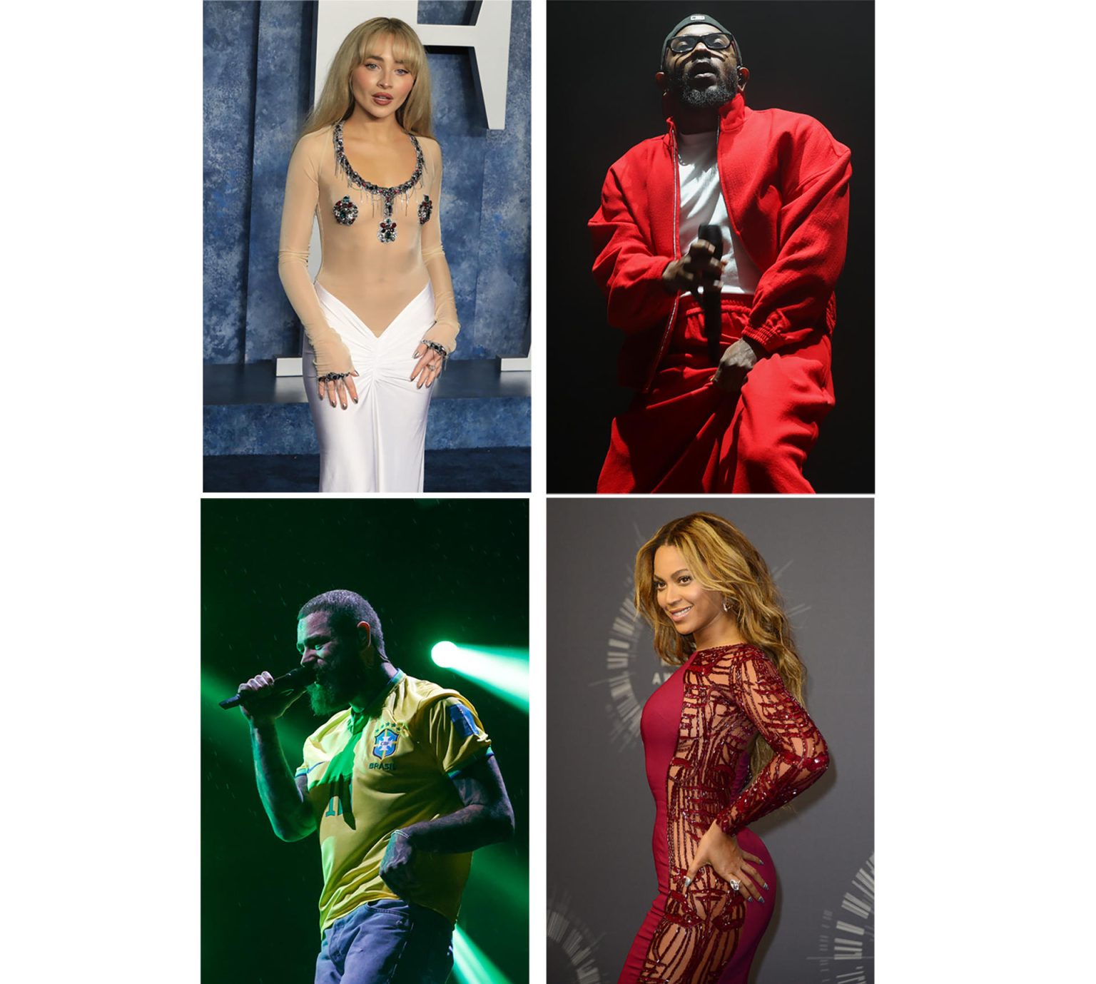 Combo de fotografías de archivo que muestra a los cantantes Sabrina Carpenter (arriba-i), Kendrick Lamar (arriba-d), Post Malone (abajo-i) y Beyoncé (abajo-d). EFE