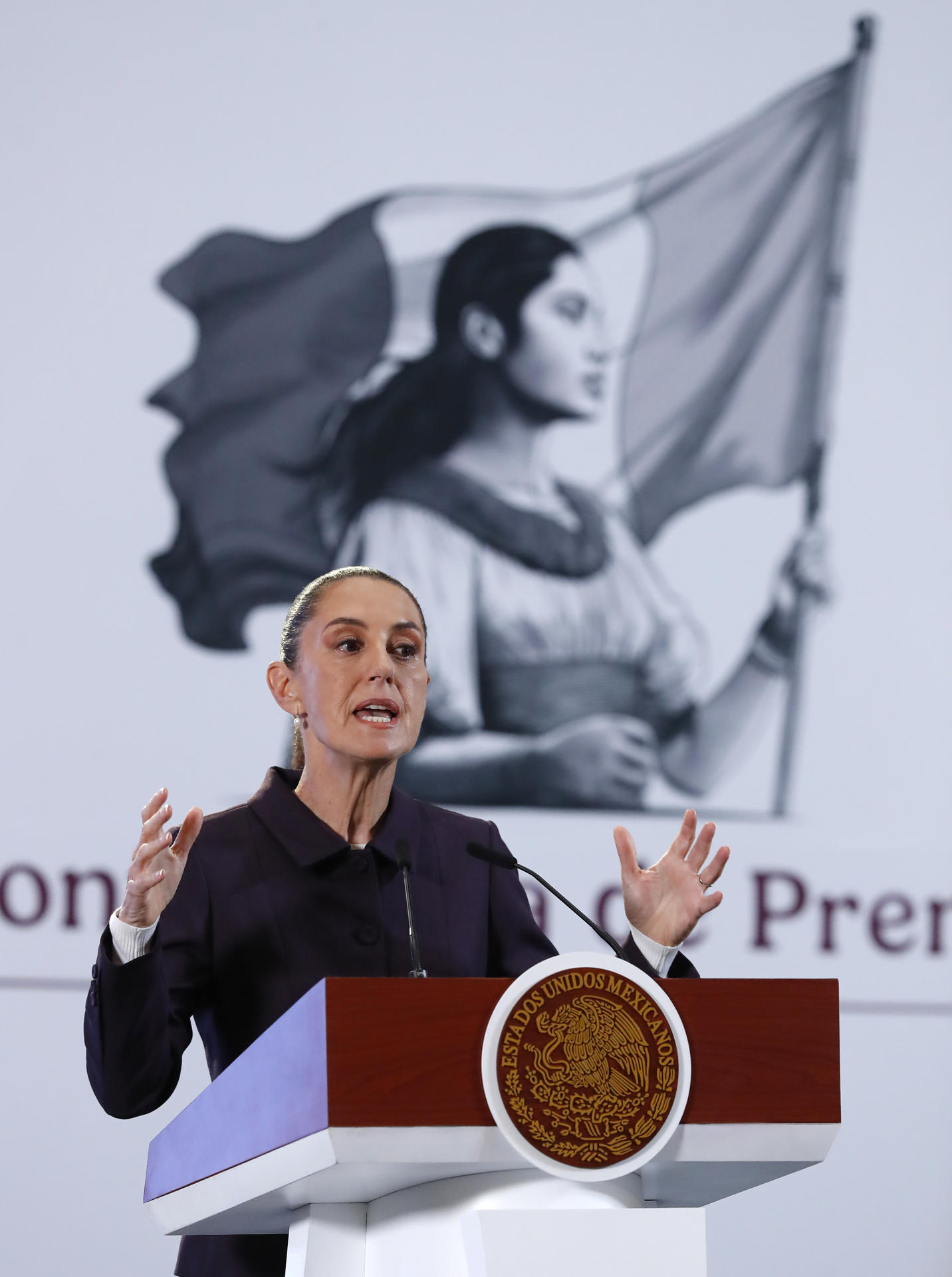 La presidenta de México, Claudia Sheinbaum, habla durante su conferencia de prensa este jueves, en el Palacio Nacional de la Ciudad de México (México). EFE/ Mario Guzmán