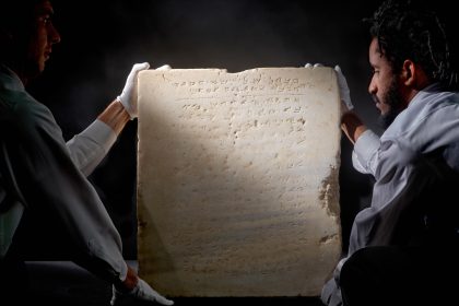 Fotografía cedida por Sotheby's donde aparecen dos de sus empleados mientras llevan una tableta de mármol de aproximadamente 1.500 años de antigüedad que contiene una versión en hebreo antiguo de los Diez Mandamientos bíblicos y que saldrá a la venta el próximo 18 de diciembre en una subasta organizada por esta casa de Nueva York. EFE/Sotheby's /SOLO USO EDITORIAL /NO VENTAS /SOLO DISPONIBLE PARA ILUSTRAR LA NOTICIA QUE ACOMPAÑA /CRÉDITO OBLIGATORIO