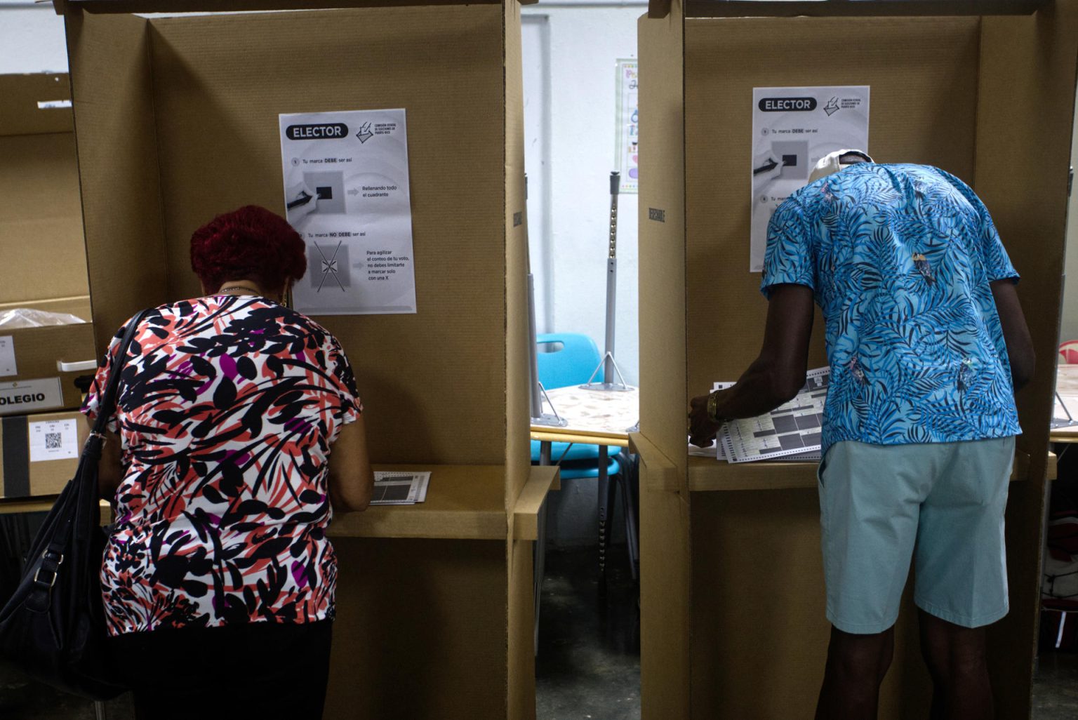 Dos personas marcan sus papeletas electorales este martes en un centro de votación en Carolina (Puerto Rico). EFE/Thais Llorca