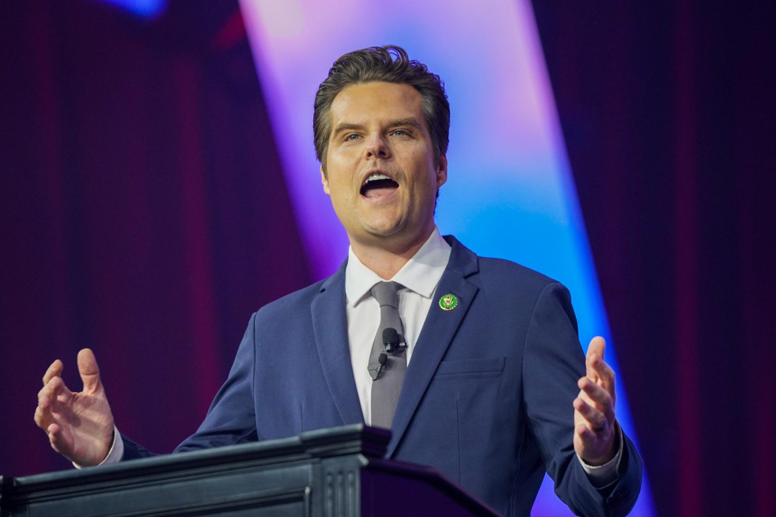 Fotografía de archivo del 15 de junio de 2024 del congresista estadounidense Matt Gaetz durante la Convención del Pueblo, una reunión de destacados conservadores organizada por el grupo político Turning Point Action, en Detroit, Michigan (Estados Unidos). EFE/EPA/DIEU-NIALO CHERY