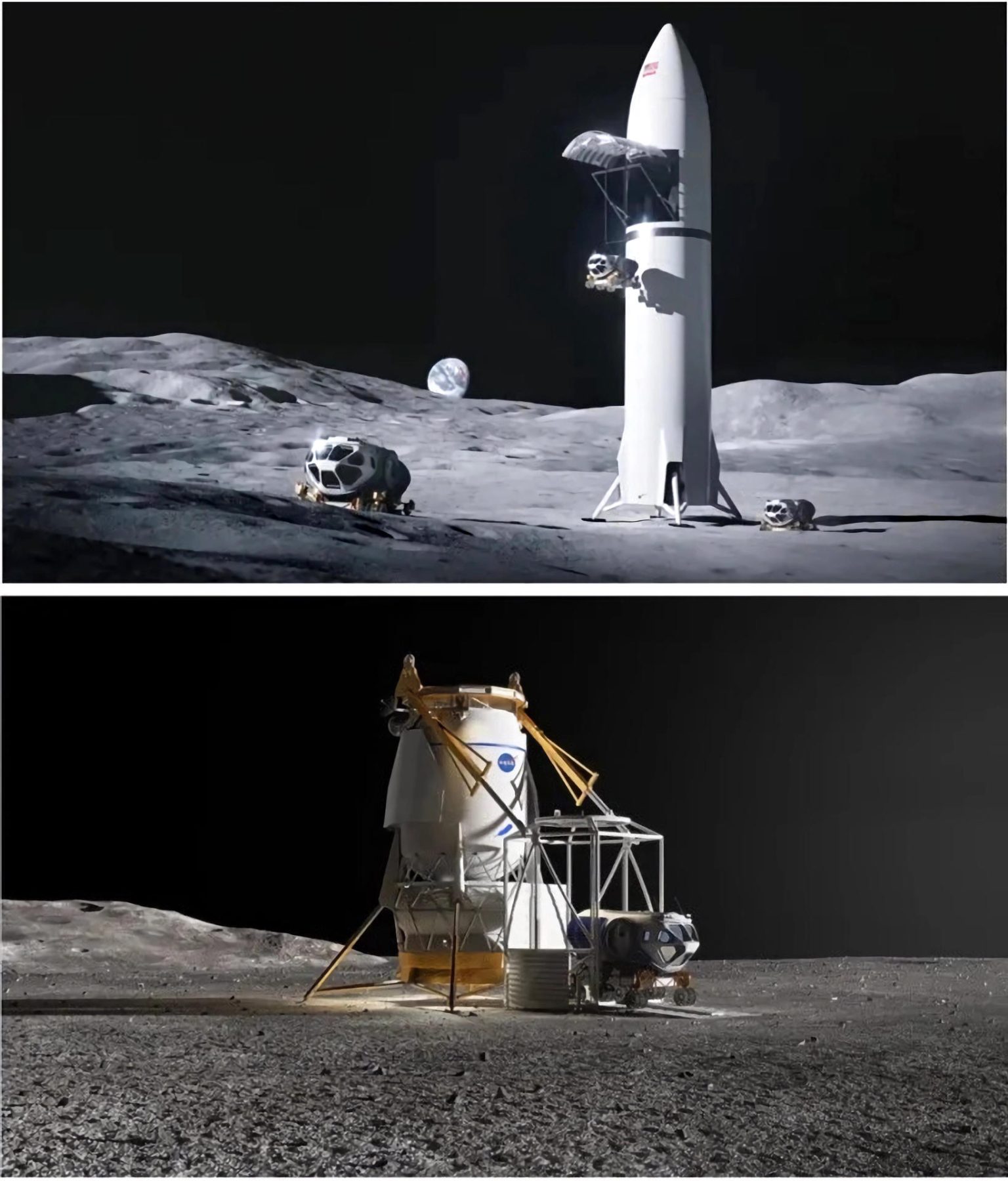 Composición de dos fotografías cedidas donde se muestran las primeras representaciones conceptuales de las variantes de carga de los sistemas de aterrizaje lunar tripulado de SpaceX (arriba), y de Blue Origin. EFE/ SpaceX/Blue Origin /SOLO USO EDITORIAL /NO VENTAS /SOLO DISPONIBLE PARA ILUSTRAR LA NOTICIA QUE ACOMPAÑA /CRÉDITO OBLIGATORIO