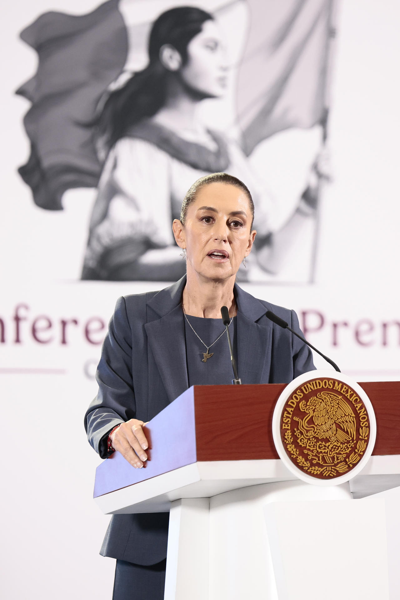 La presidenta de México, Claudia Sheinbaum, habla en una rueda de prensa este martes en Palacio Nacional en la Ciudad de México (México). EFE/José Méndez
