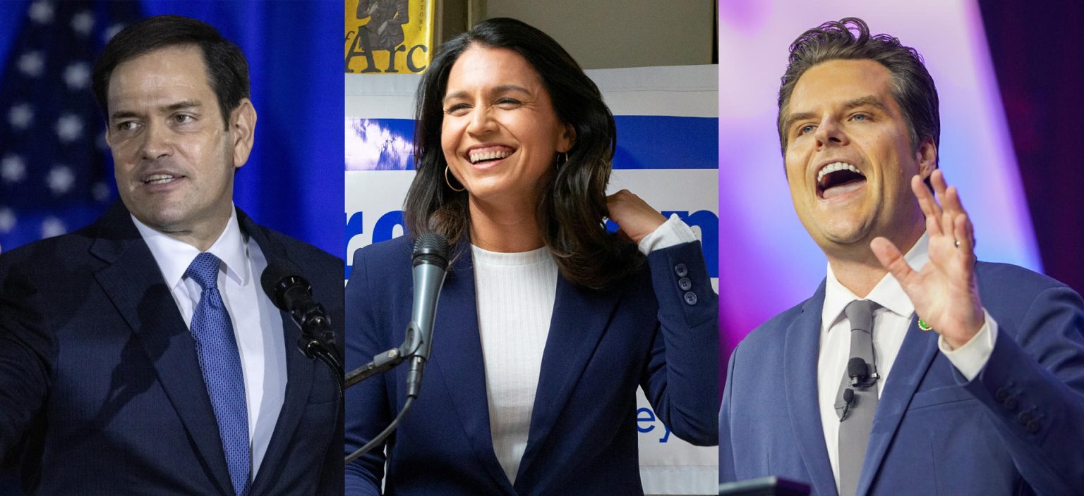 Combo de fotografías de archivo del senador Marco Rubio (i), de la excongresista Tulsi Gabbard (c) y del legislador Matt Gaetz. EFE/ Cristobal Herrera-ulashkevich / Cj Gunther / Dieu-nialo Chery