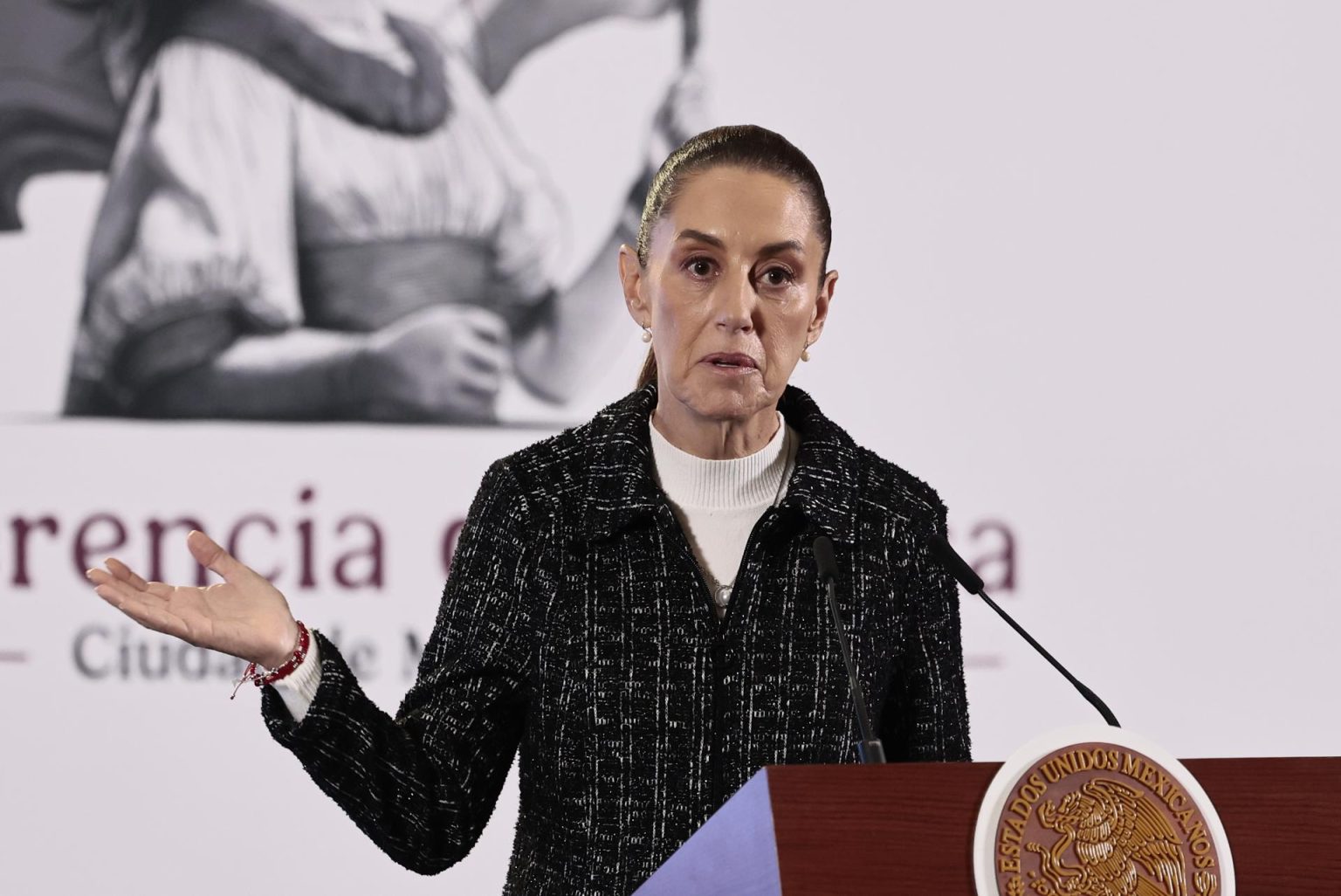 La presidenta de México, Claudia Sheinbaum, habla durante una rueda de prensa este viernes en Palacio Nacional de la Ciudad de México (México). . EFE/José Méndez