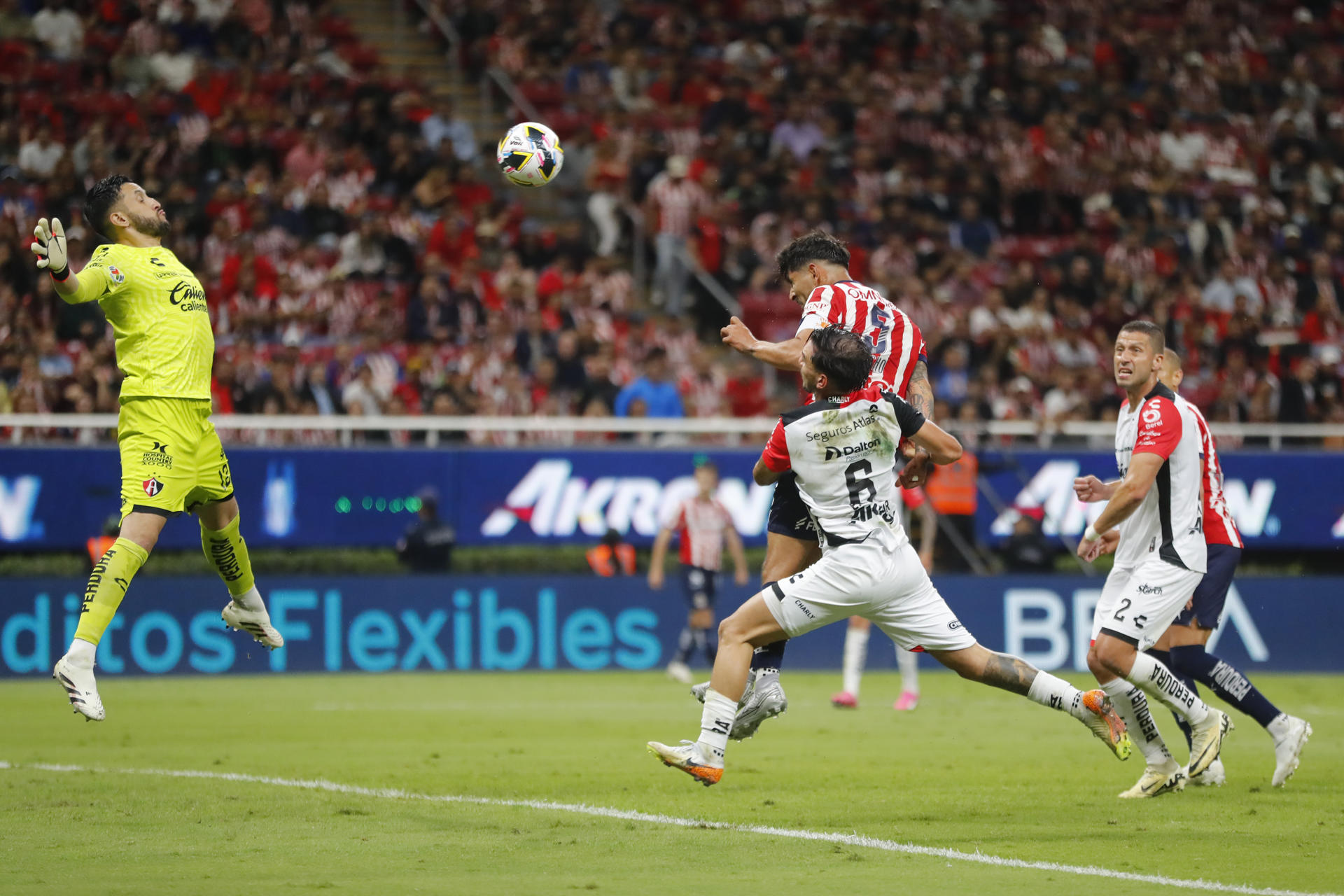 Víctor Guzmán (c) de Guadalajara disputa el balón ese jueves con Edgar Zaldivar (d) y el guardameta de Atlas, Camilo Vargas (i), sale al corte en el partido jugado en el Estadio Akron, de la ciudad de Guadalajara. EFE/ Francisco Guasco
