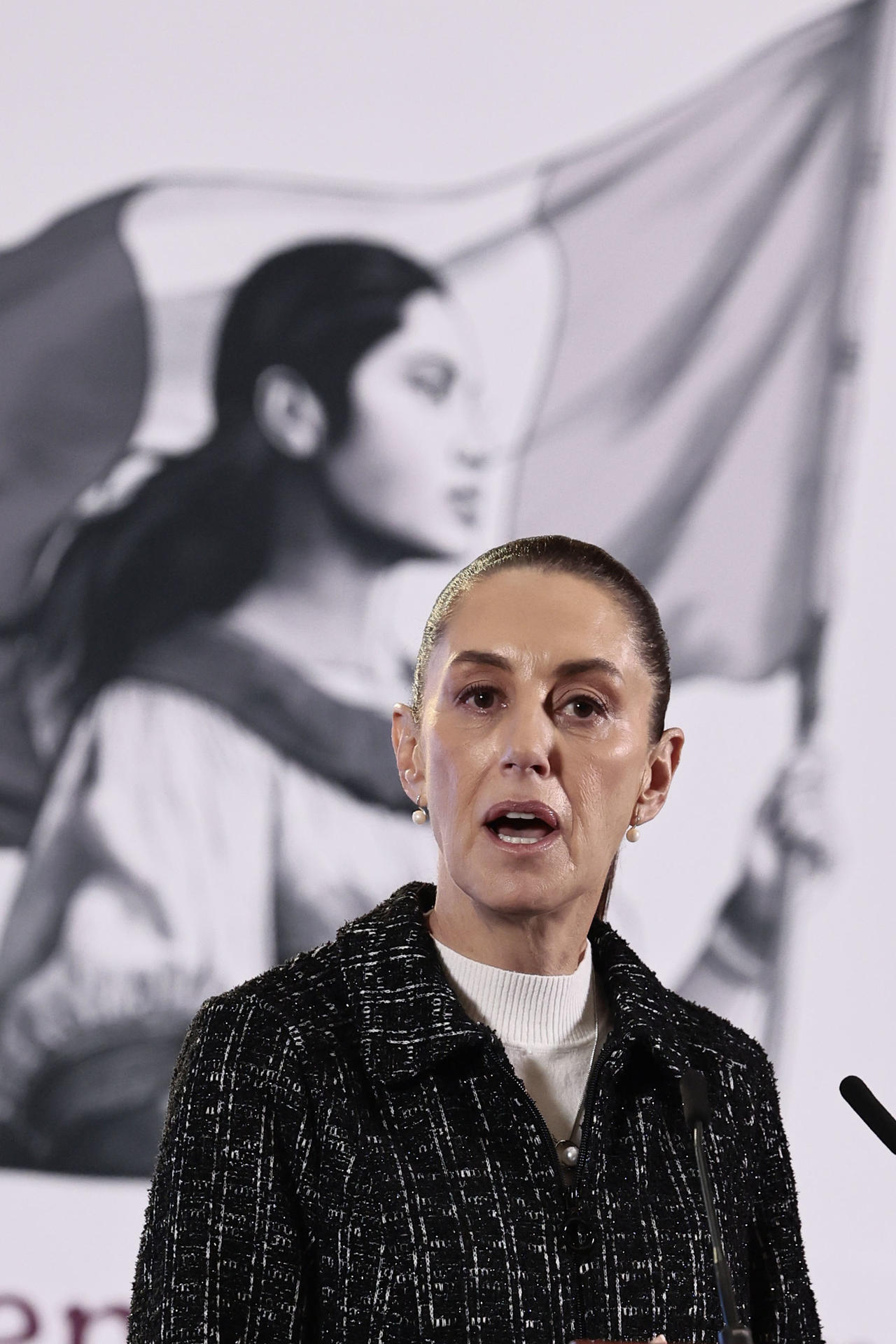 La presidenta de México, Claudia Sheinbaum, habla durante una rueda de prensa este viernes en el Palacio Nacional de la Ciudad de México (México). EFE/José Méndez
