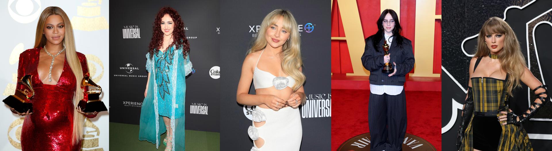 Combo de fotografías de archivo donde aparecen desde la izquierda las cantantes Beyoncé, Chappell Roan, Sabrina Carpenter, Billie Eilish y Taylor Swift. EFE/ Mike Nelson/Nina Prommer/Octavio Guzmán
