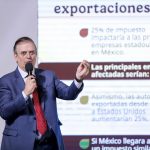 El secretario de Economía, Marcelo Ebrard, participa este martes durante una conferencia de prensa de la presidenta de México Claudia Sheinbaum en Palacio Nacional, de la Ciudad de México (México). EFE/ Isaac Esquivel